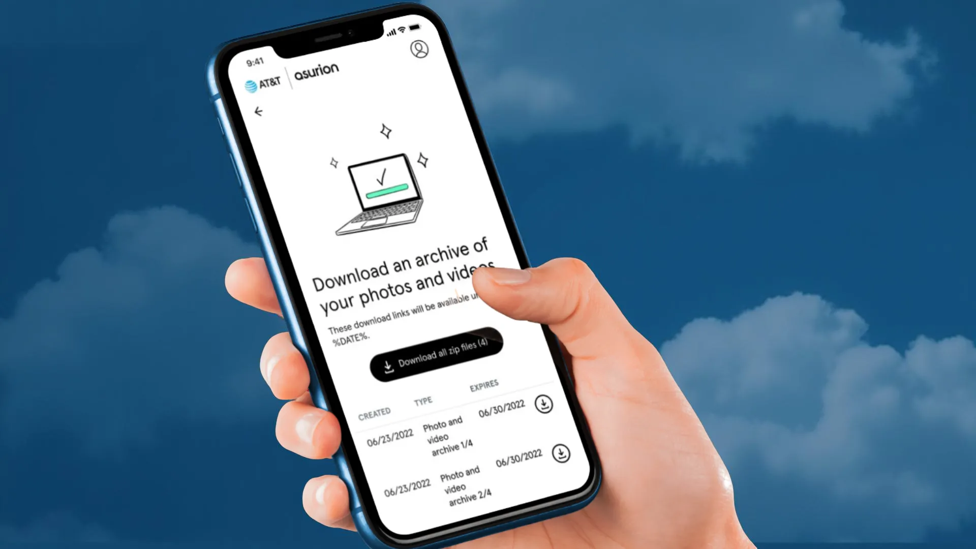 Logo lưu trữ đám mây của AT&amp;T trên nền xanh, hiển thị biểu tượng đám mây với mũi tên