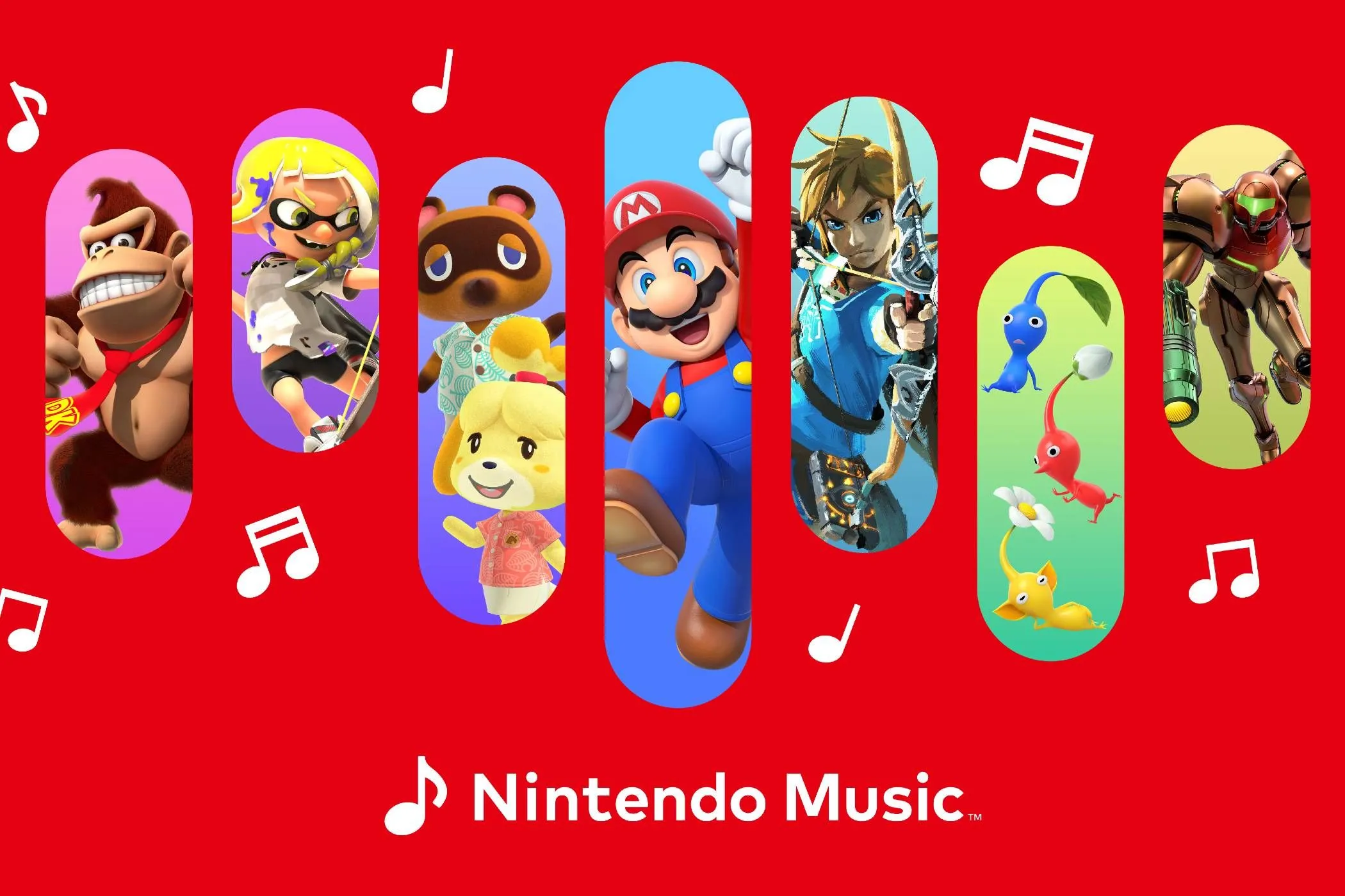 Logo Nintendo Music với các nhân vật nổi tiếng của Nintendo như Donkey Kong, Mario, Link, Samus, minh họa dịch vụ stream nhạc game độc quyền