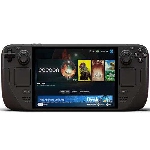 Logo Steam Deck OLED màu vàng cam trên nền đen, biểu tượng của sự nâng cấp về màn hình.