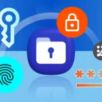 Logo Thư mục Bảo mật của Samsung Galaxy với các biểu tượng an ninh xung quanh, minh họa tính năng bảo mật đã được vá lỗi.