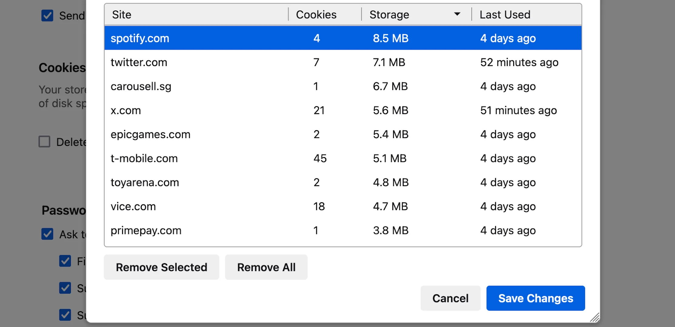 Lựa chọn các trang web cần xóa cookie và dữ liệu cache trong danh sách quản lý dữ liệu của Firefox