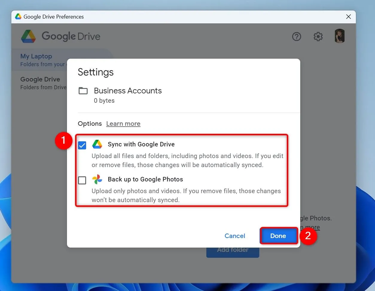 Lựa chọn kiểu tải lên: Đồng bộ với Google Drive hoặc sao lưu vào Google Photos