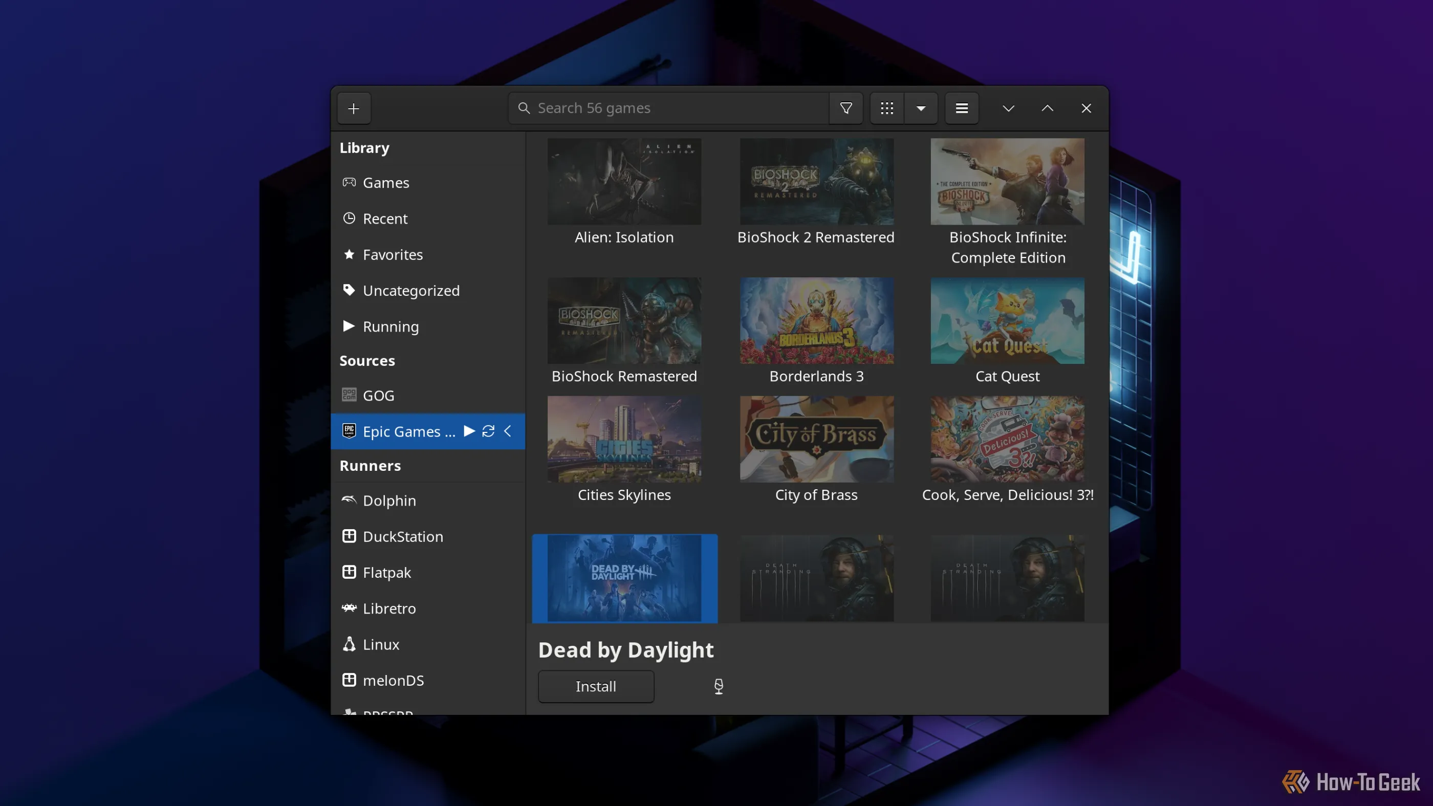 Lutris game manager showing Epic Games Store purchases.