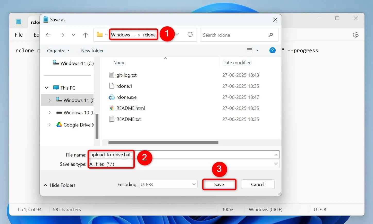 Lưu file batch script để tải tệp lên Google Drive bằng Rclone
