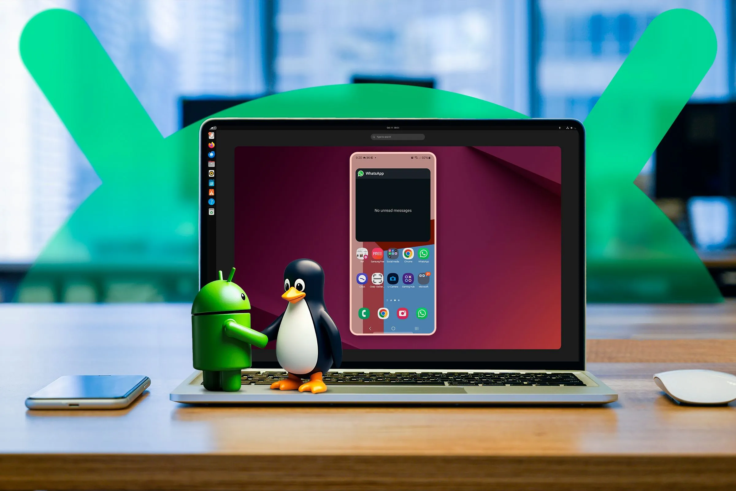 Màn hình Android được nhân bản lên laptop chạy Ubuntu, biểu tượng Android và Linux bắt tay