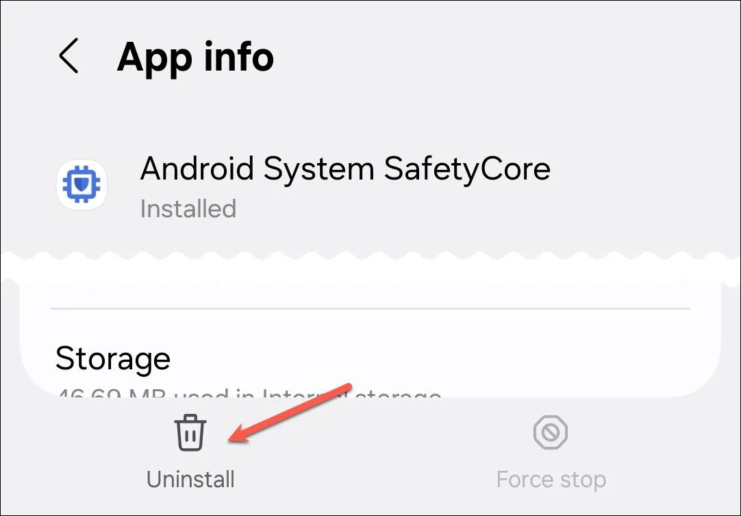 Màn hình cài đặt hệ thống hiển thị ứng dụng Android System SafetyCore.