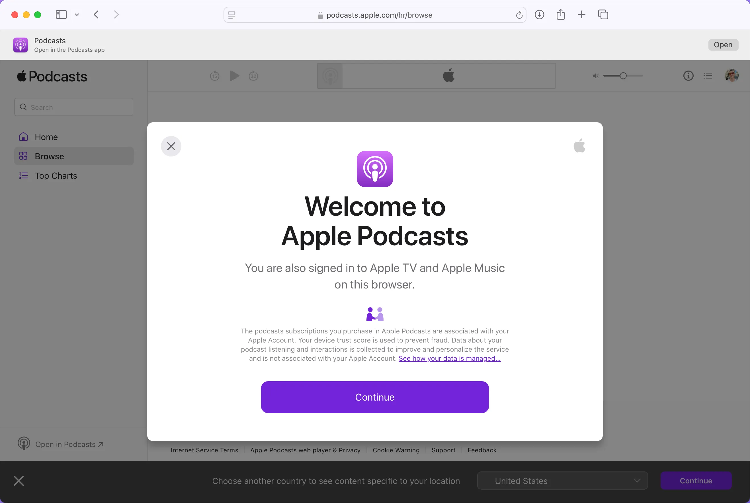 Màn hình chào mừng hiển thị giao diện ban đầu của ứng dụng web Apple Podcasts, gợi mở trải nghiệm nghe podcast trên mọi trình duyệt.