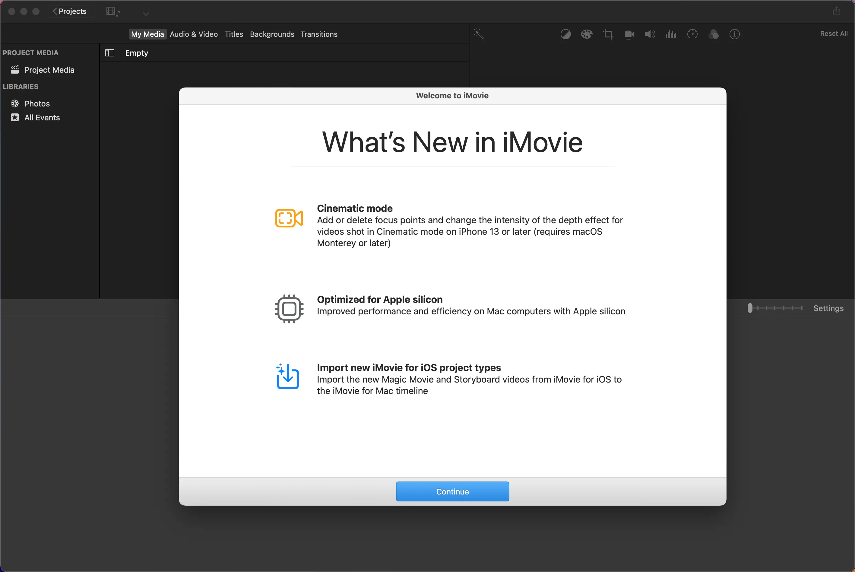 Màn hình chào mừng iMovie cho Mac hiển thị các tính năng mới nhất được làm nổi bật.