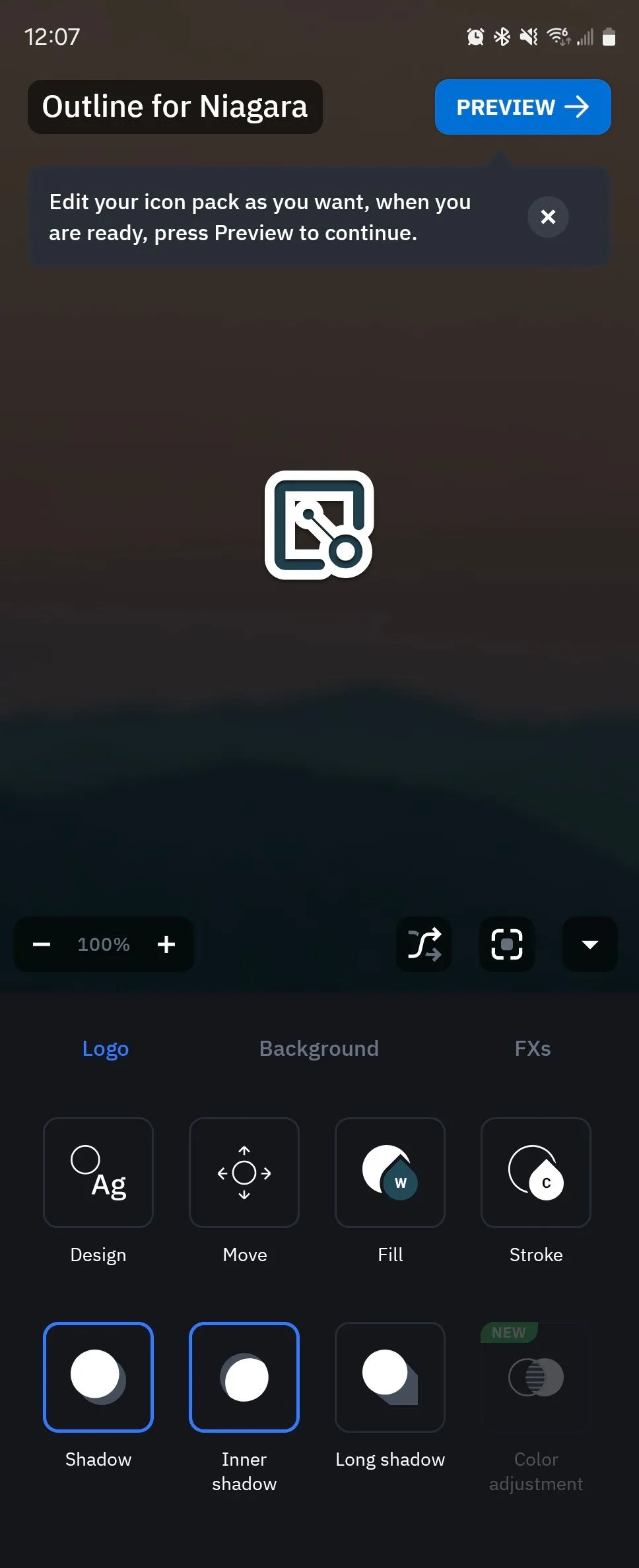 Màn hình chỉnh sửa icon trong Icon Pack Studio với các tùy chọn thay đổi kích thước, áp dụng hiệu ứng và bộ lọc độc đáo.