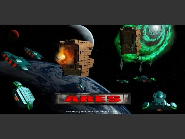 Màn hình chơi game Ares trên Mac OS Classic, hiển thị bản đồ chiến thuật không gian với các hạm đội tàu vũ trụ đang giao tranh và giao diện điều khiển, đặc trưng của thể loại 4X chiến lược.