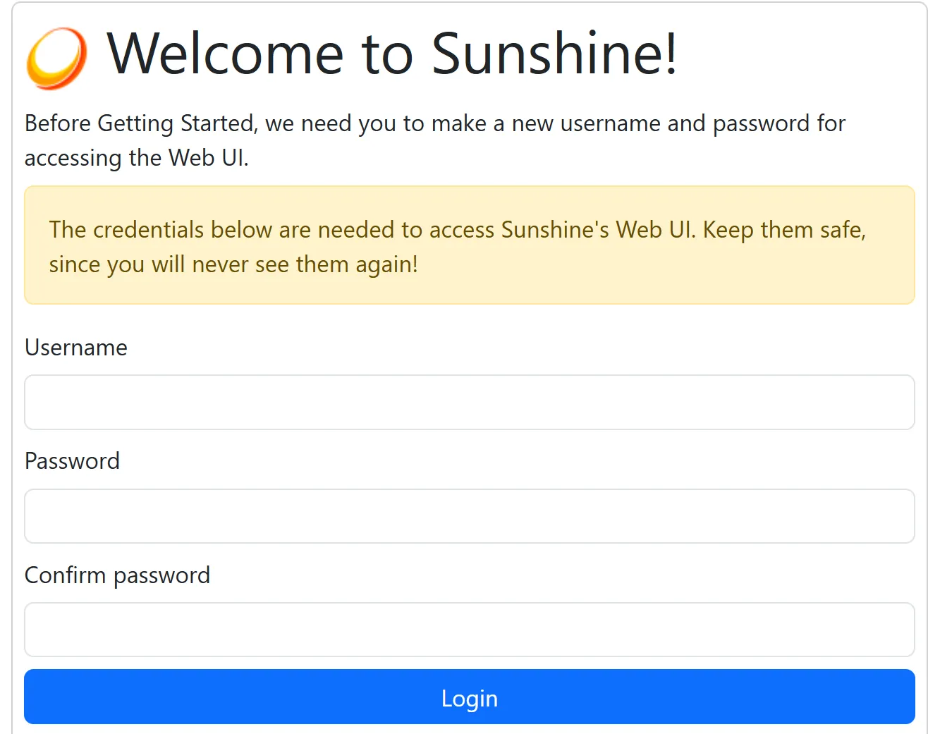 Màn hình đăng nhập giao diện Web UI của Sunshine, yêu cầu nhập tên người dùng và mật khẩu.