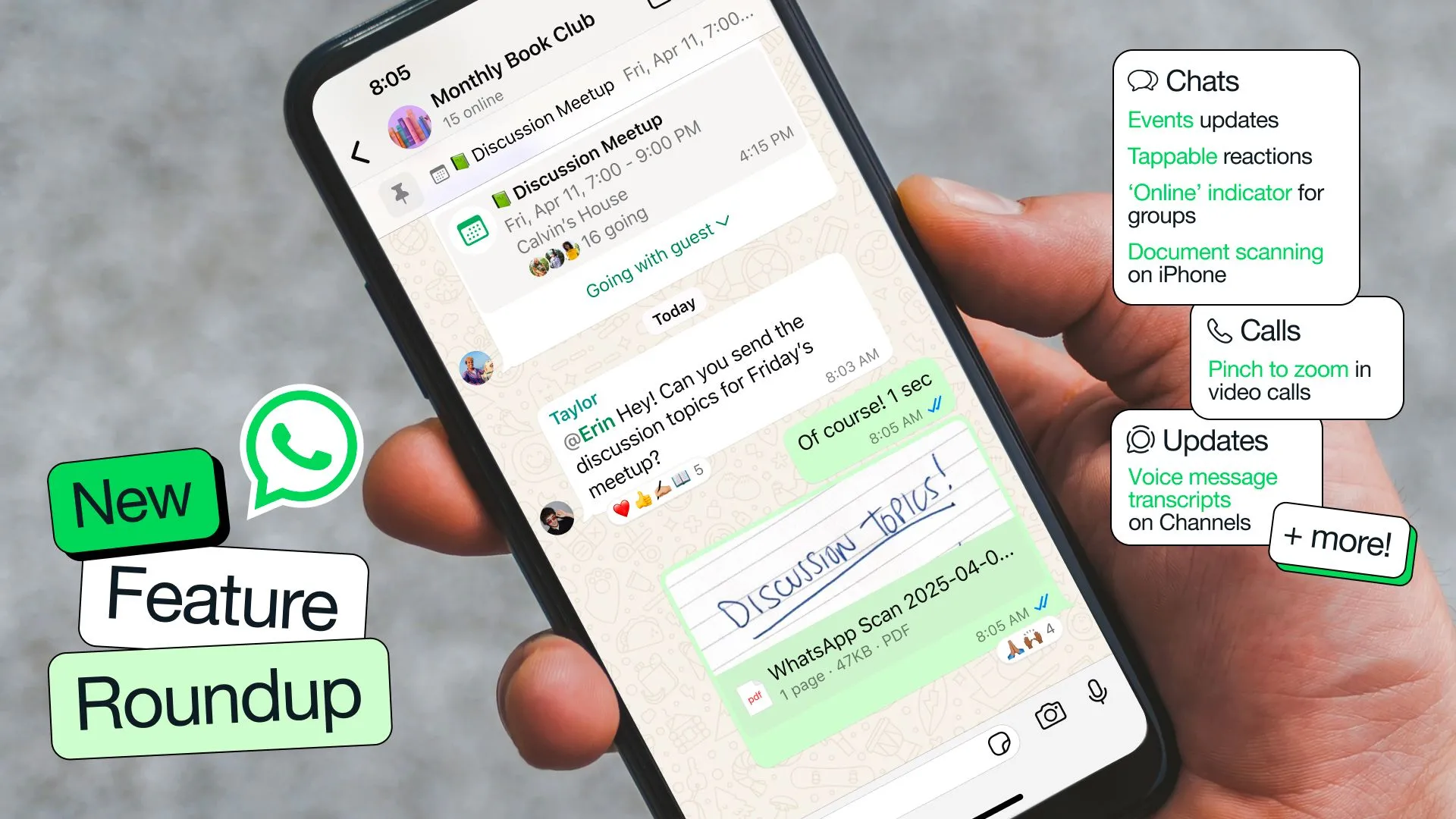 Màn hình điện thoại hiển thị giao diện WhatsApp với các tính năng mới được cập nhật, tập trung vào cải thiện trò chuyện và nhóm.