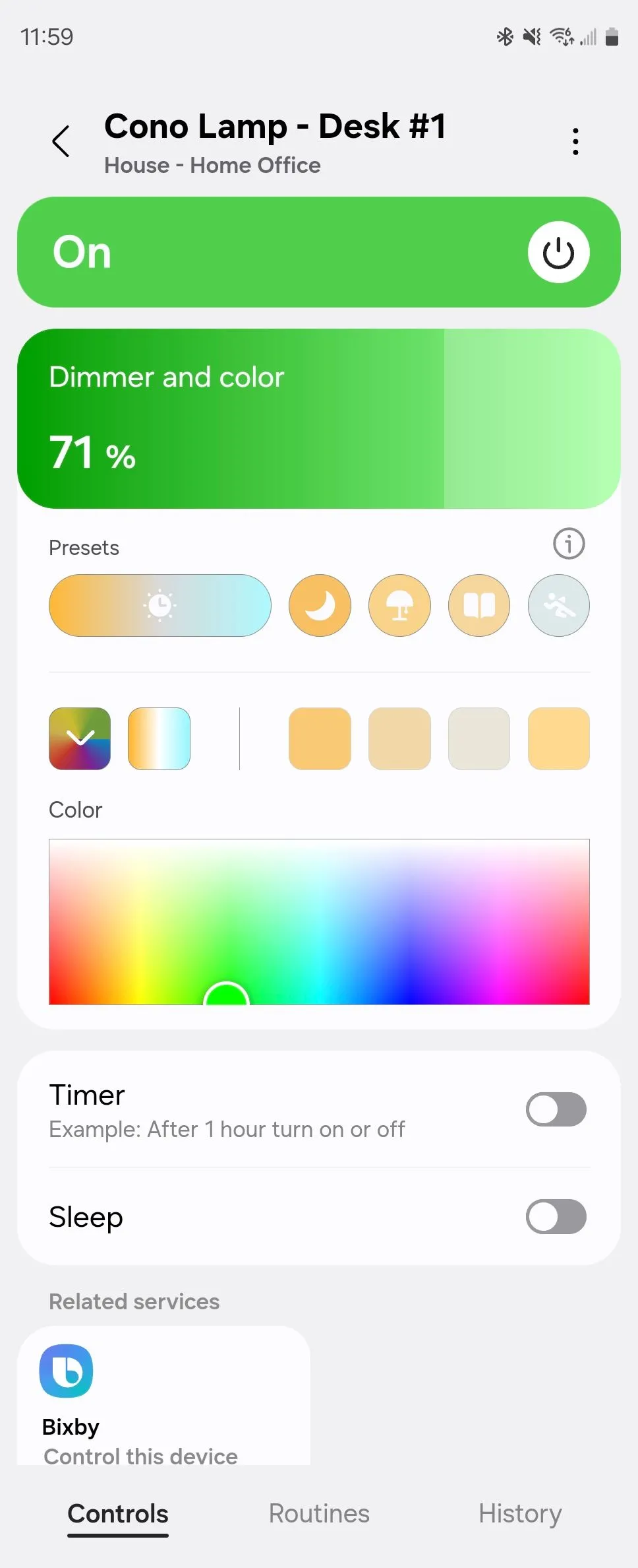 Màn hình điều khiển đèn thông minh trong ứng dụng Samsung SmartThings trên thiết bị Android
