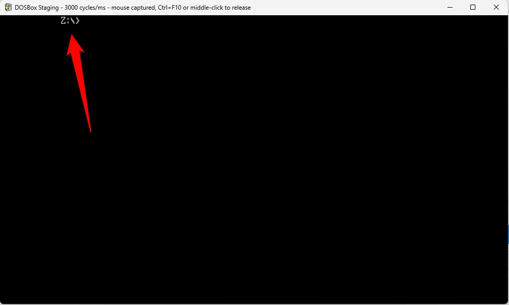 Màn hình DOSBox Staging hiển thị ổ đĩa Z mặc định đang hoạt động trước khi chuyển sang ổ đĩa C ảo để chơi game DOS.