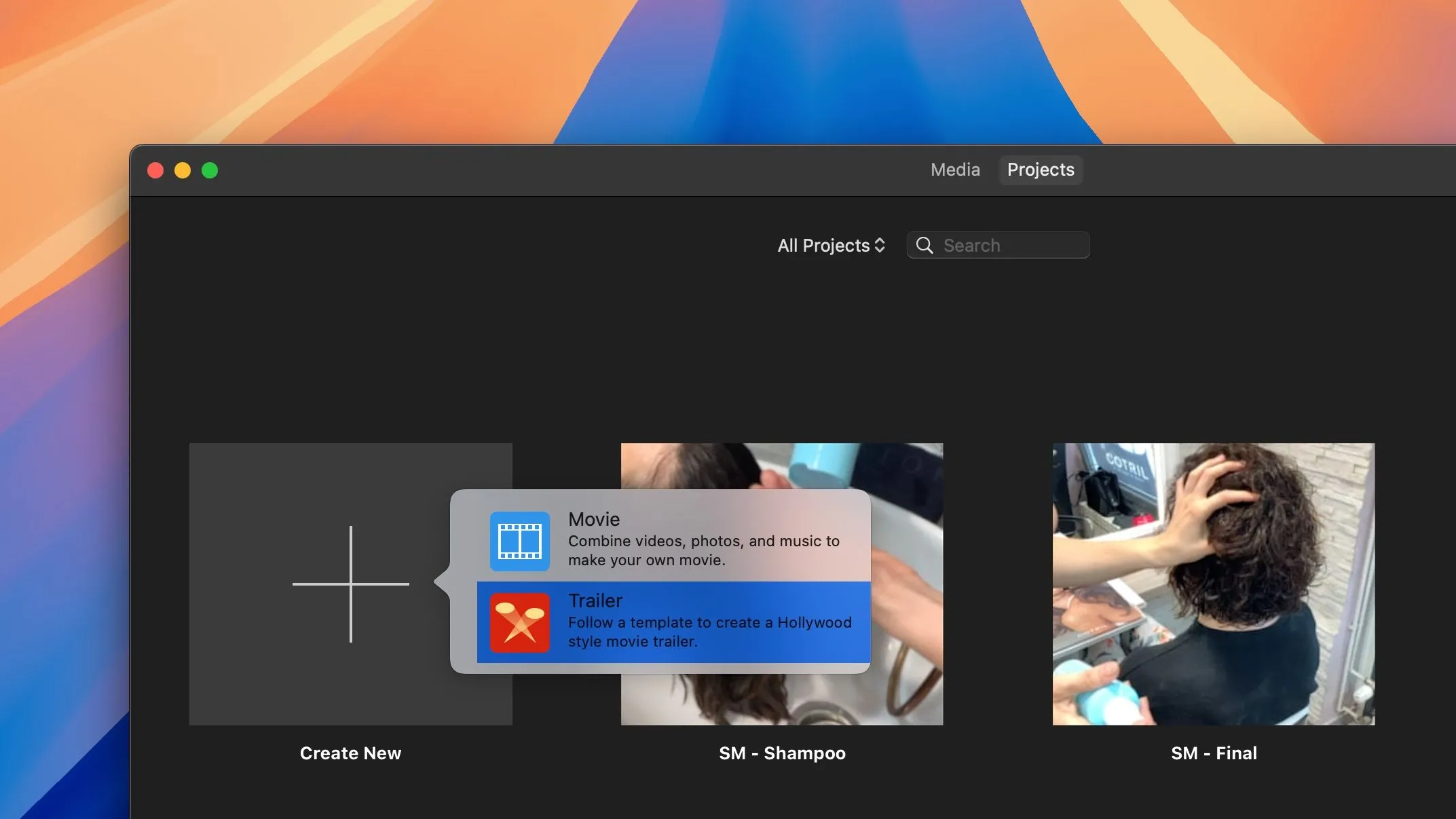 Màn hình Dự án iMovie cho Mac với tùy chọn tạo trailer phim mới được chọn.