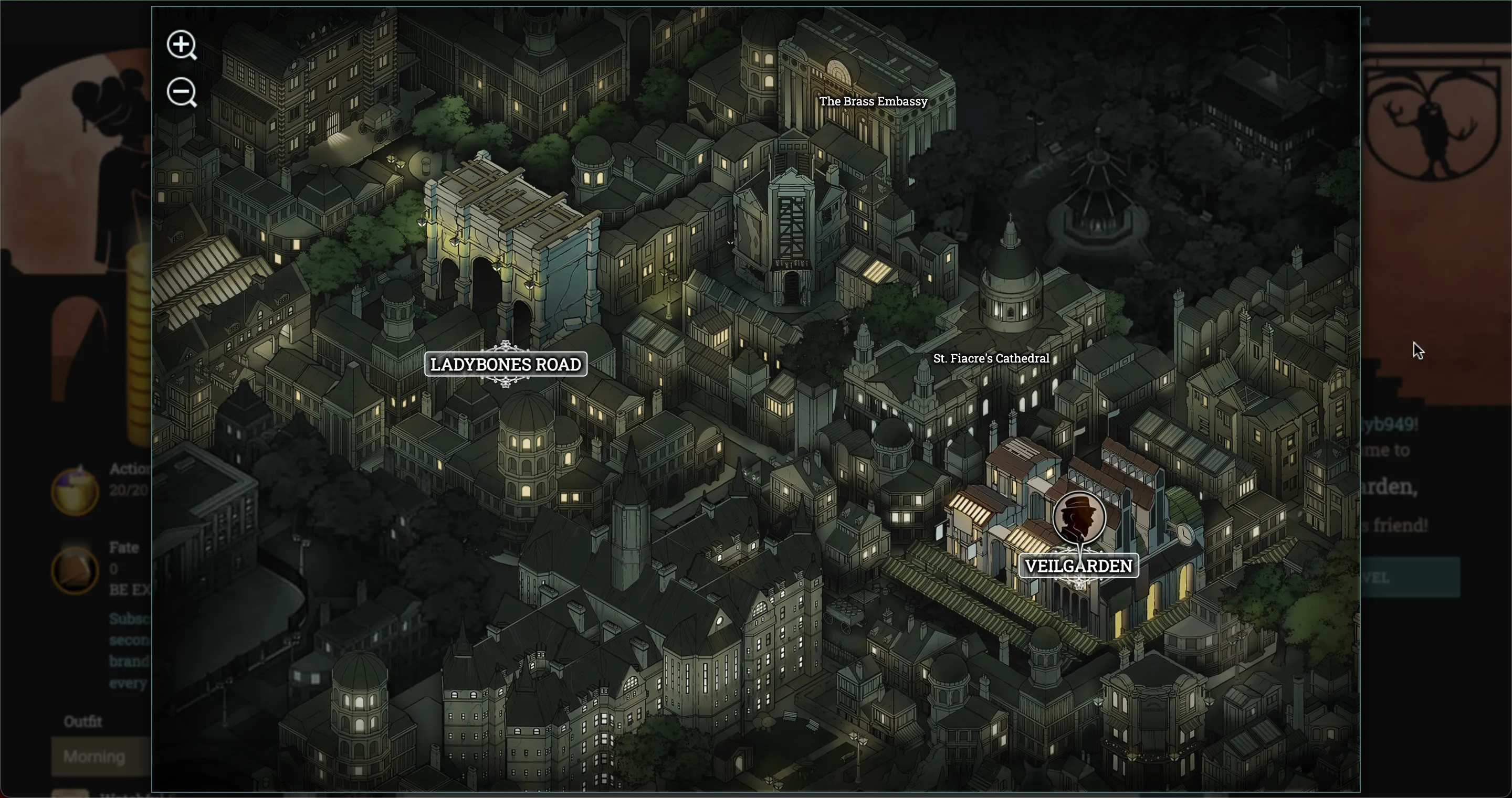 Màn hình game Fallen London với giao diện văn bản và các tùy chọn hành động, cùng hình ảnh minh họa một con phố bí ẩn ở London ngầm, thể hiện game phiêu lưu chữ tương tác sâu sắc.