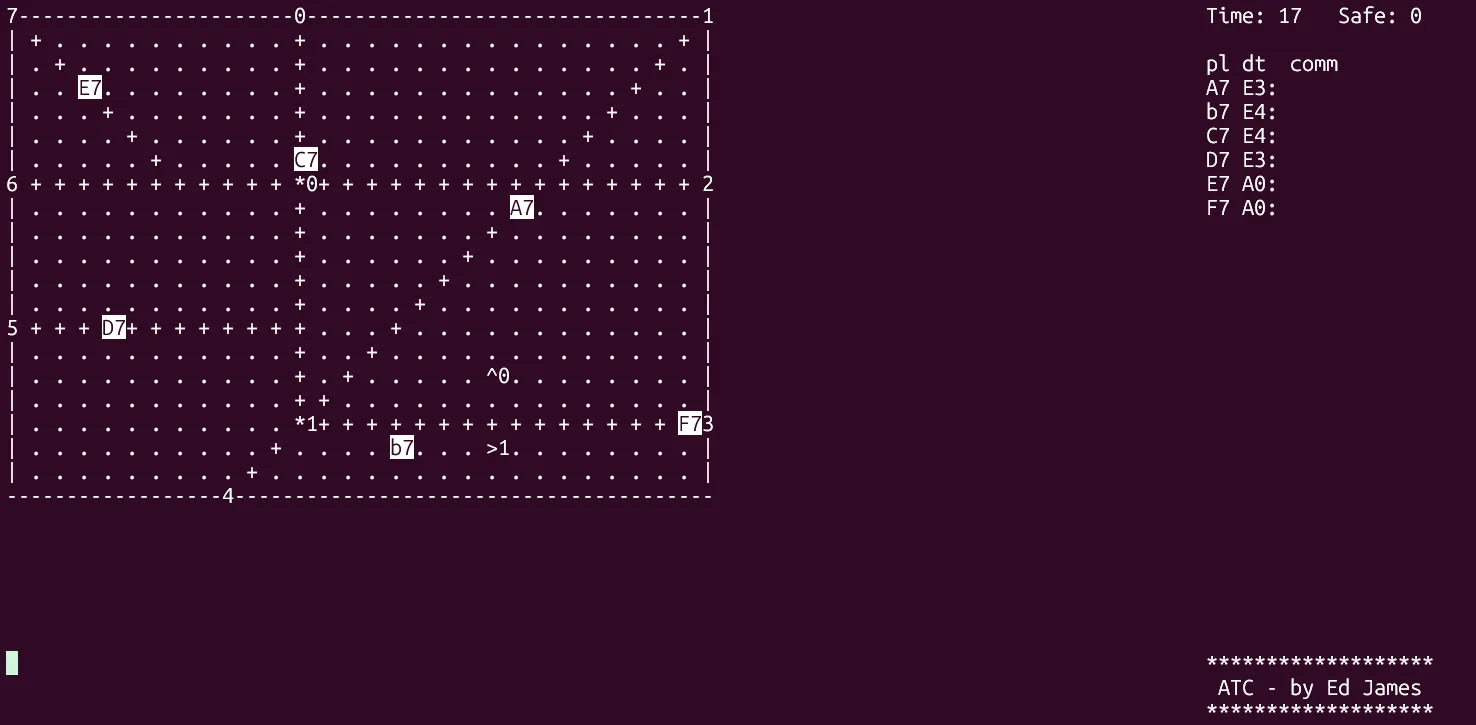 Màn hình game kiểm soát không lưu ATC trong terminal Linux, hiển thị các máy bay và đường bay.