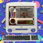 Màn hình game Marathon hiển thị trên máy tính iMac G3, minh họa trò chơi FPS đột phá của Bungie trên nền tảng Mac.