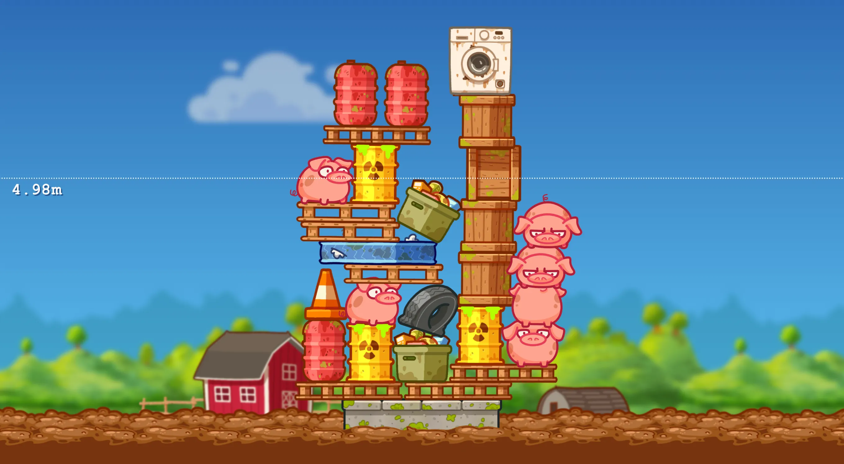 Màn hình game Styscraper hiển thị một tòa tháp được xây từ các vật phẩm lộn xộn trong chuồng heo, với một chú heo đặt trên đỉnh, minh họa trò chơi xây tháp độc đáo và gây nghiện.