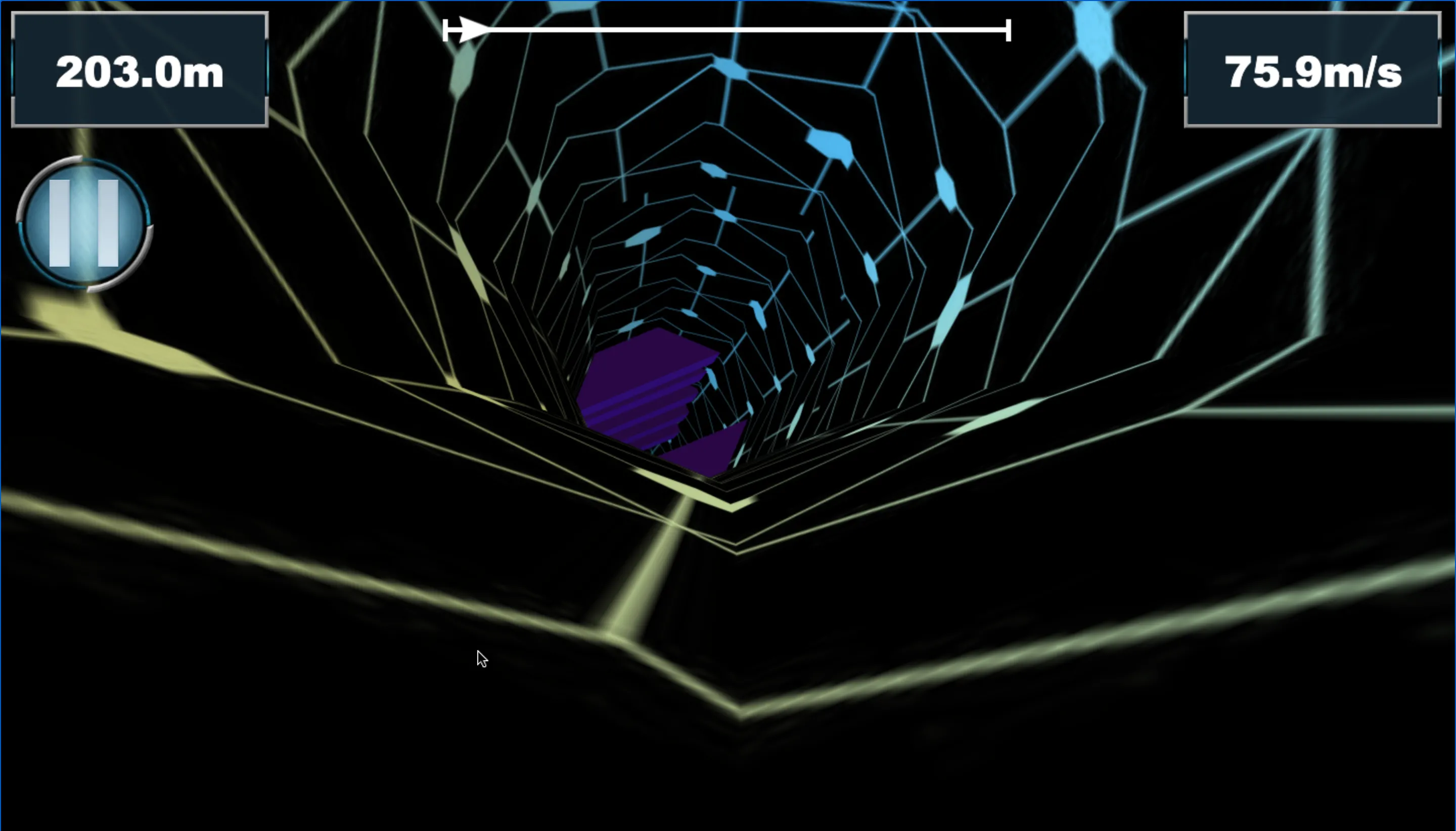 Màn hình game Tunnel Rush với đường hầm đầy màu sắc và chướng ngại vật xoay tròn, minh họa trò chơi tốc độ cao và né tránh trên trình duyệt.