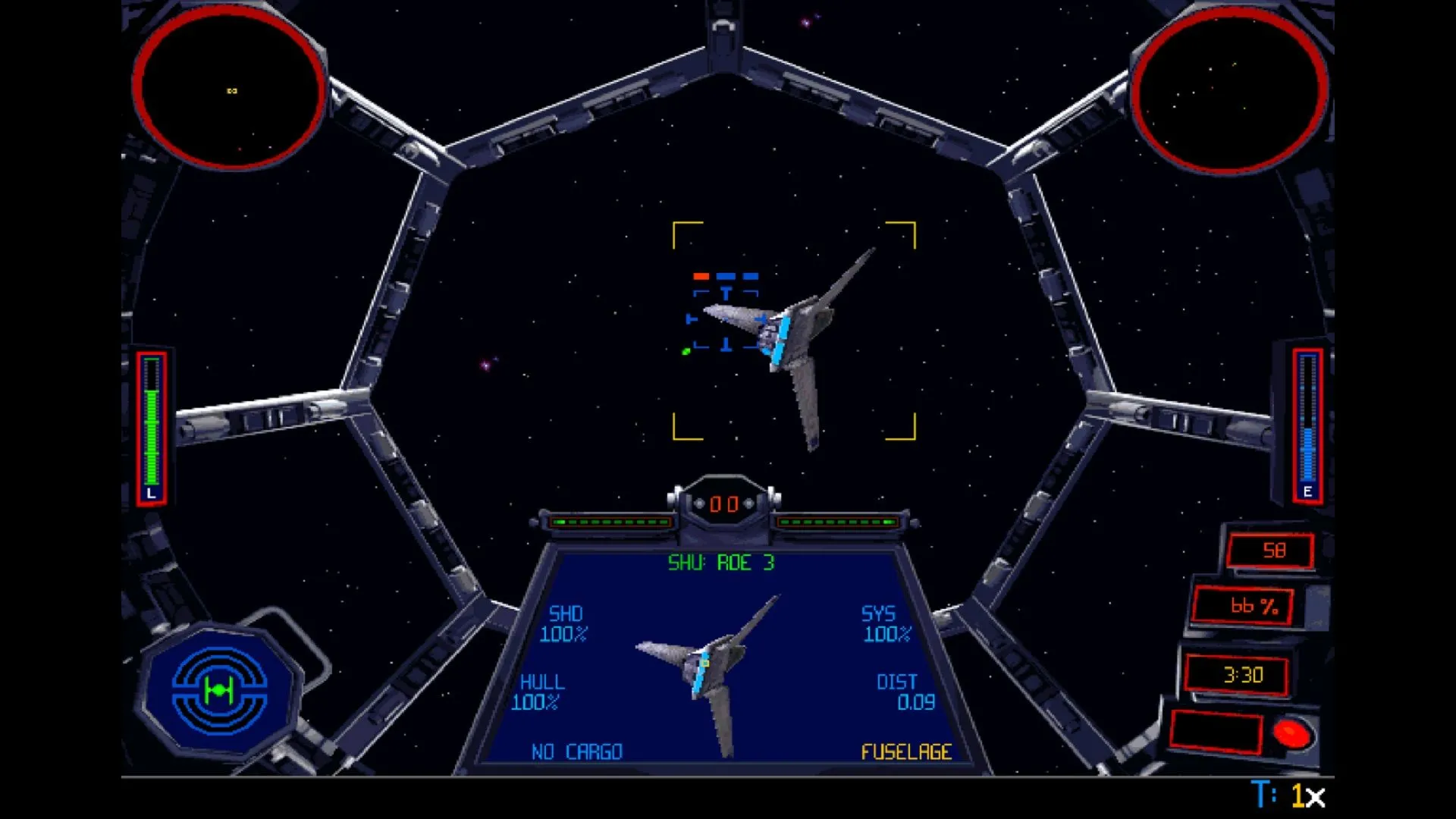 Màn hình gameplay của Star Wars: TIE Fighter Special Edition, một game mô phỏng bay phi thuyền vũ trụ Star Wars.