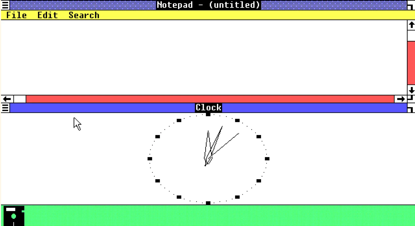 Màn hình giao diện của Windows 1.01 hiển thị các ứng dụng cơ bản như Đồng hồ (Clock) và Notepad, đánh dấu sự khởi đầu của kỷ nguyên Windows.