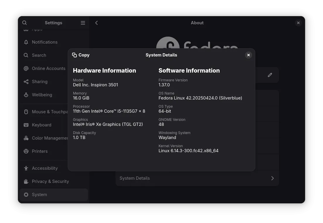 Màn hình giới thiệu cài đặt GNOME trên Fedora