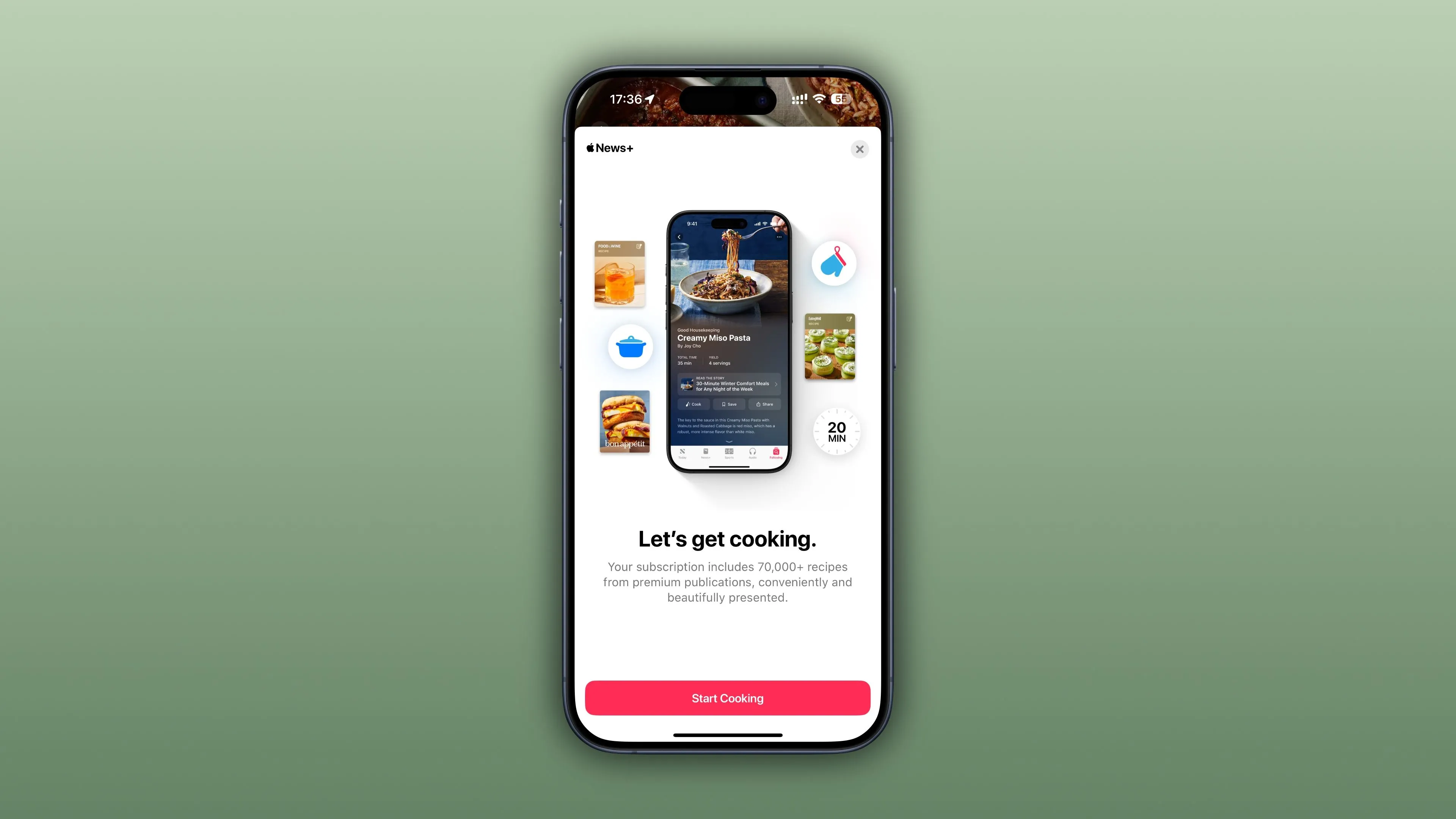 Màn hình giới thiệu tính năng Food mới trong ứng dụng News trên iPhone iOS 18.4