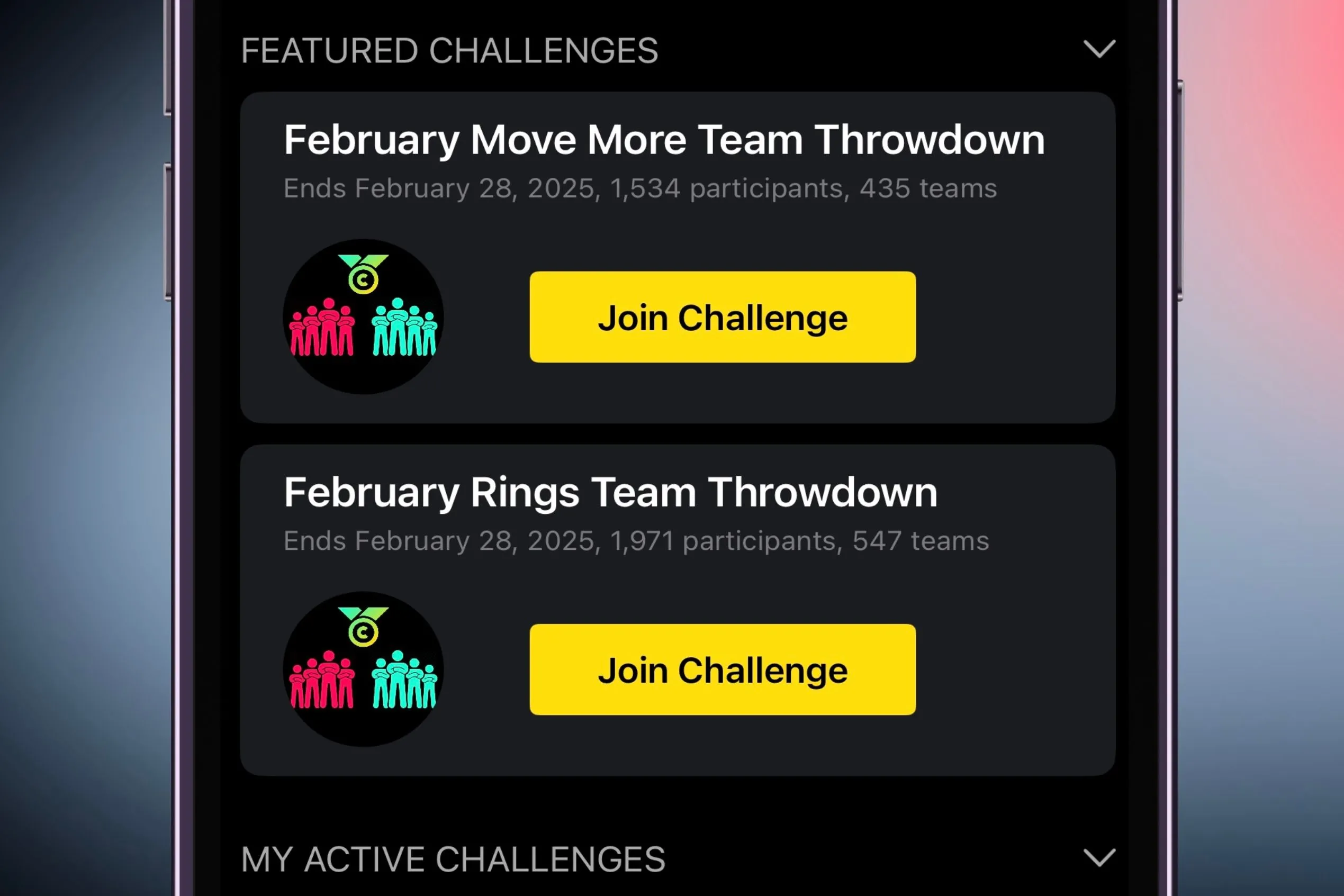 Màn hình hiển thị các cuộc thi cộng đồng trong ứng dụng Challenges vào tháng 2, tạo cơ hội cạnh tranh với hàng ngàn người dùng toàn cầu.