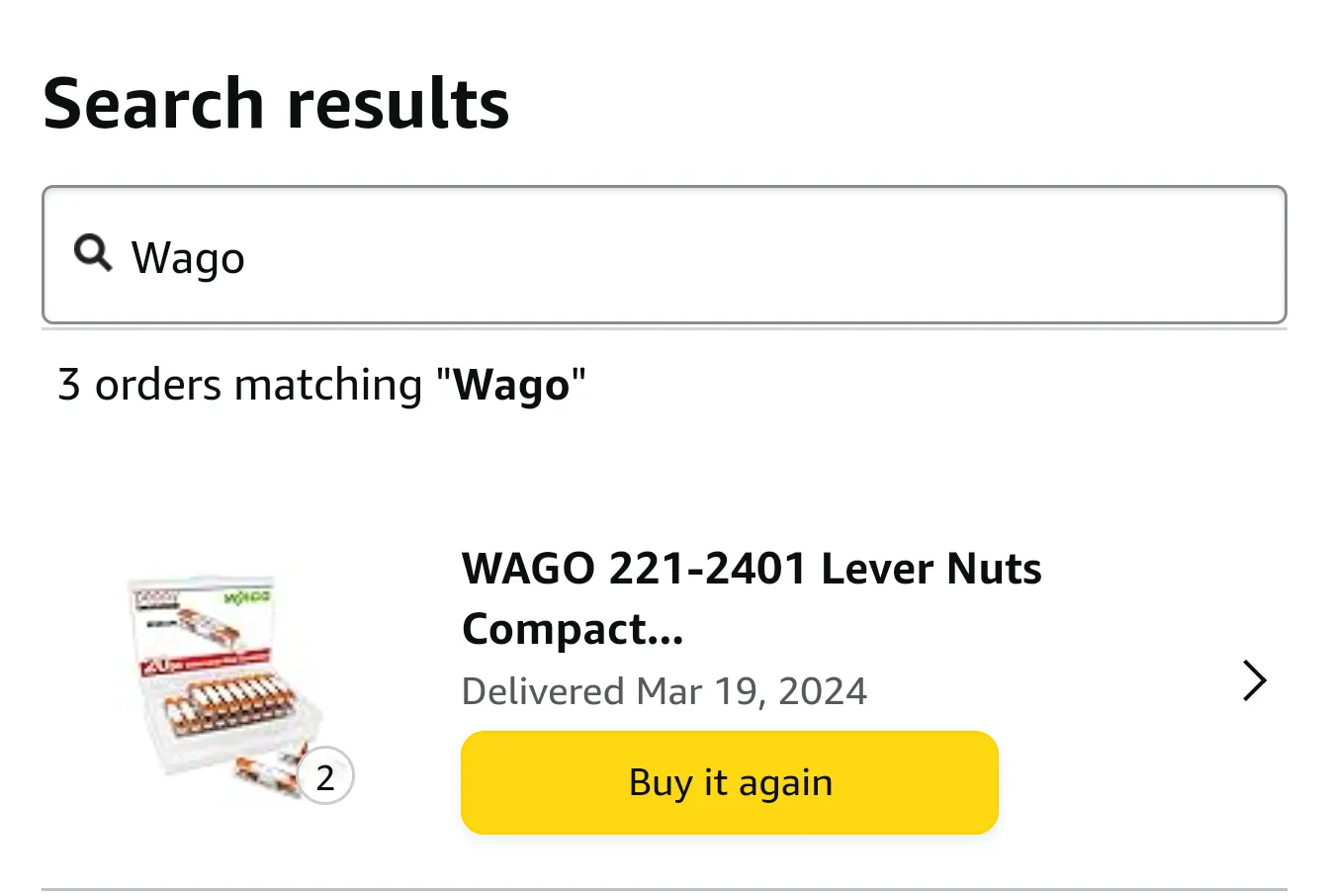 Màn hình hiển thị kết quả tìm kiếm đơn hàng Amazon trên ứng dụng di động