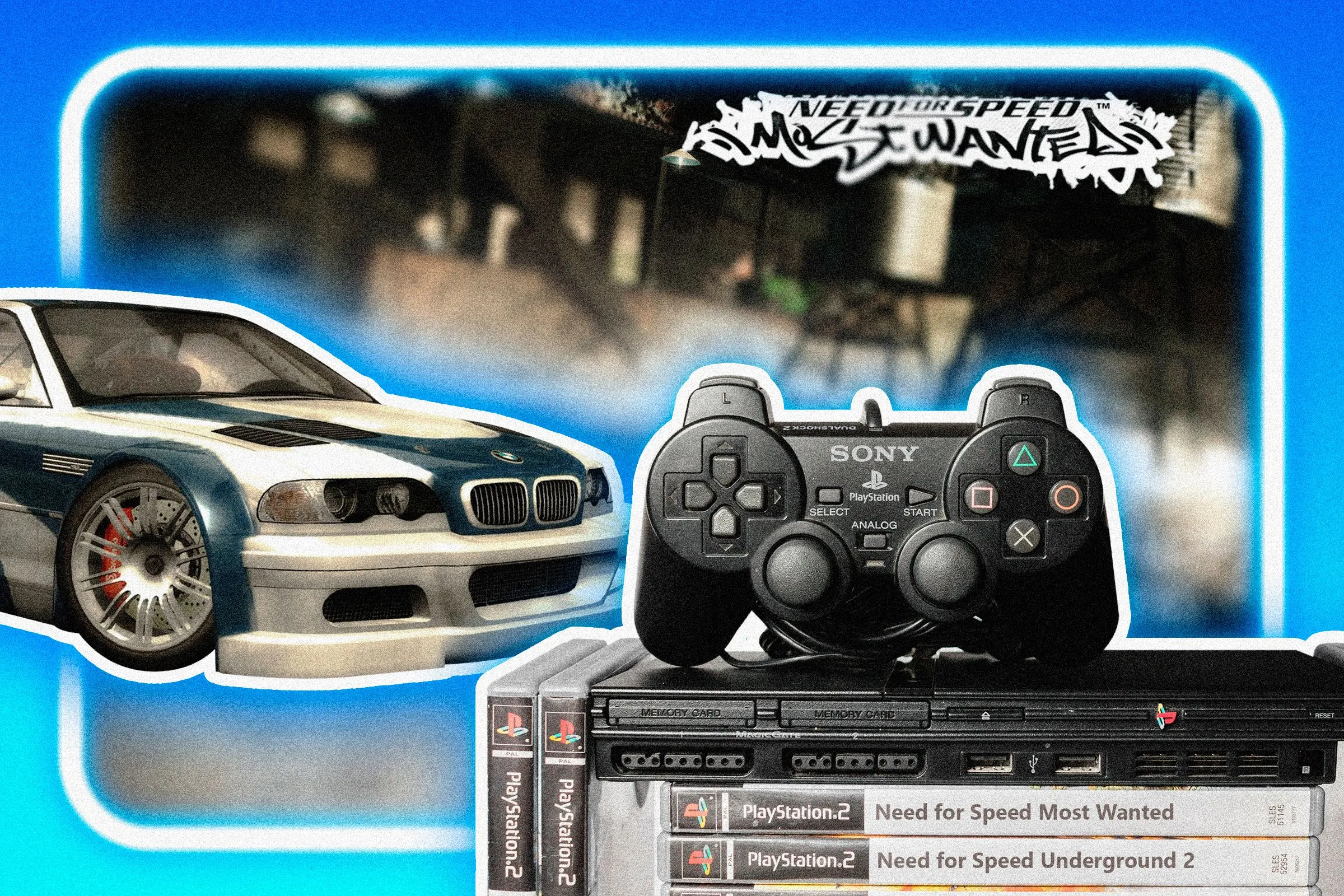 Màn hình khởi động game đua xe Need for Speed Most Wanted (2005) với hiệu ứng đèn neon, biểu tượng cho hệ thống hình phạt khốc liệt.