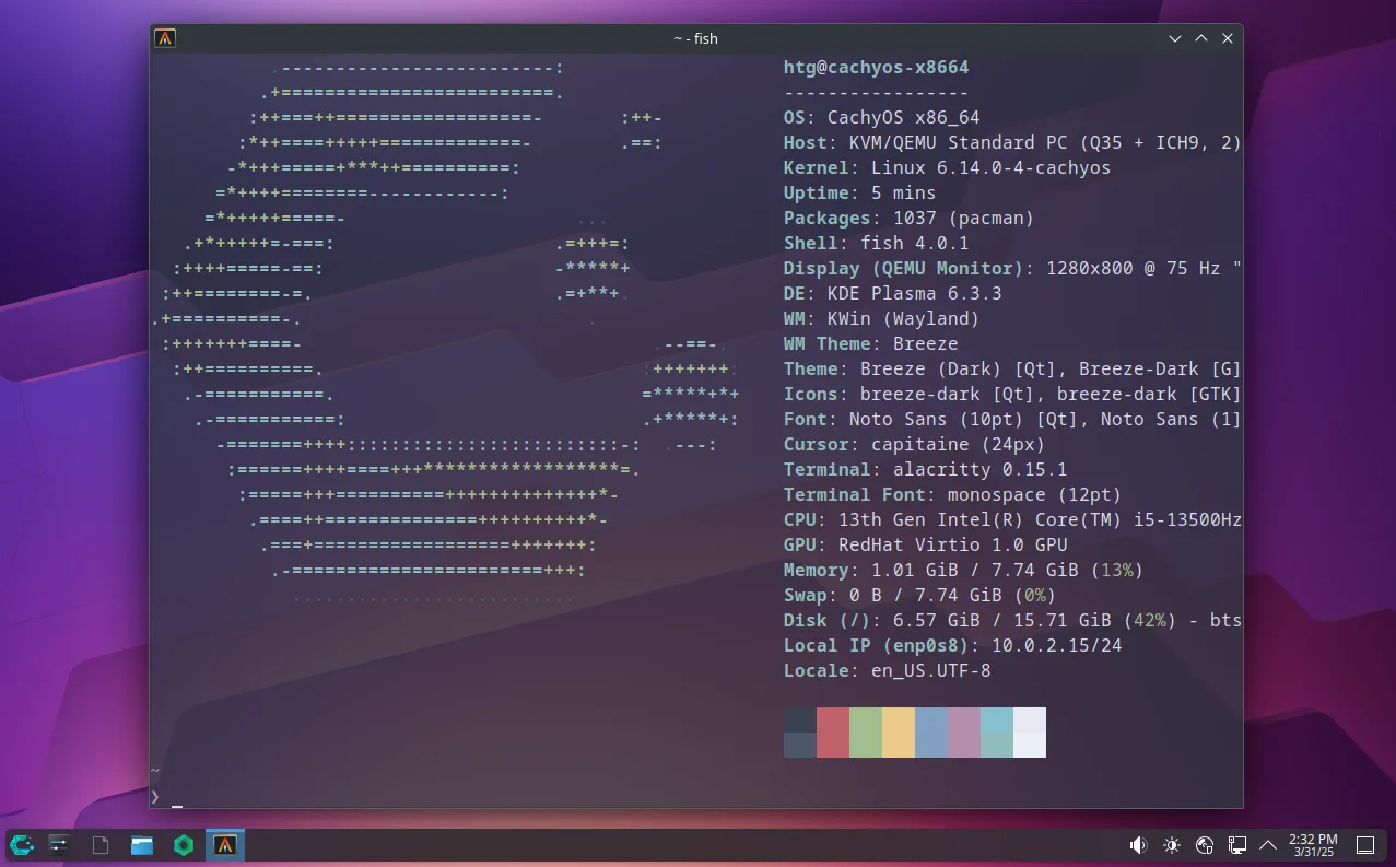 Màn hình máy tính với môi trường desktop KDE Plasma trên CachyOS và cửa sổ terminal Alacritty