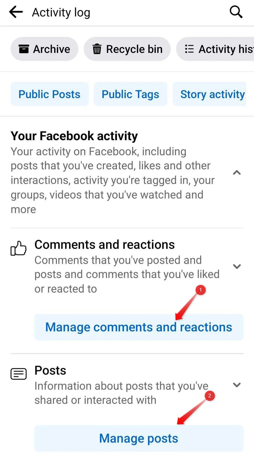 Màn hình Nhật ký hoạt động trên Facebook, hiển thị các tùy chọn quản lý bình luận, phản ứng và bài viết của bạn.