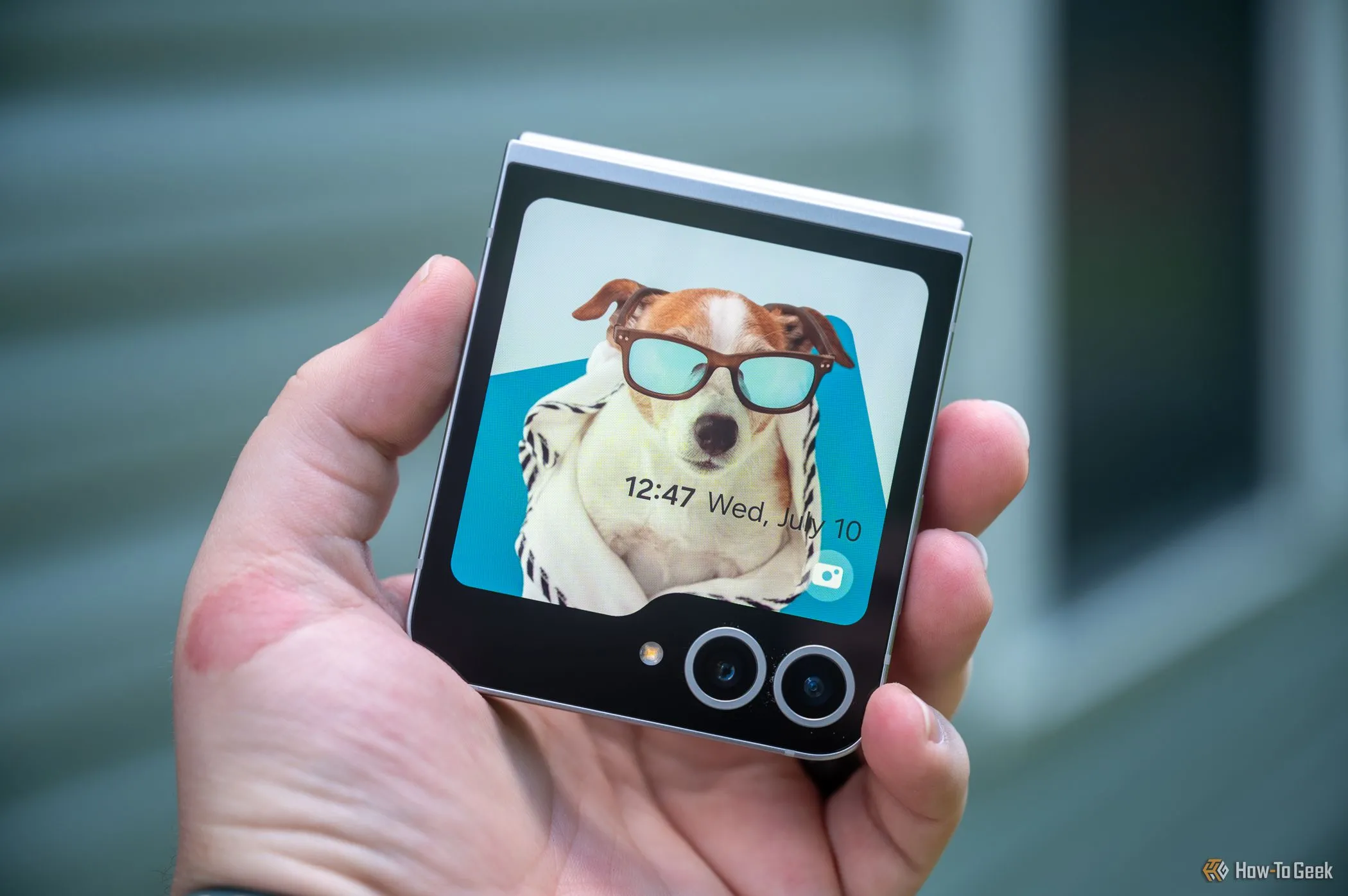 Màn hình phụ của điện thoại gập Samsung Galaxy Z Flip 6 hiển thị hình ảnh chú chó đeo kính ngộ nghĩnh, minh họa tính năng FlexWindow