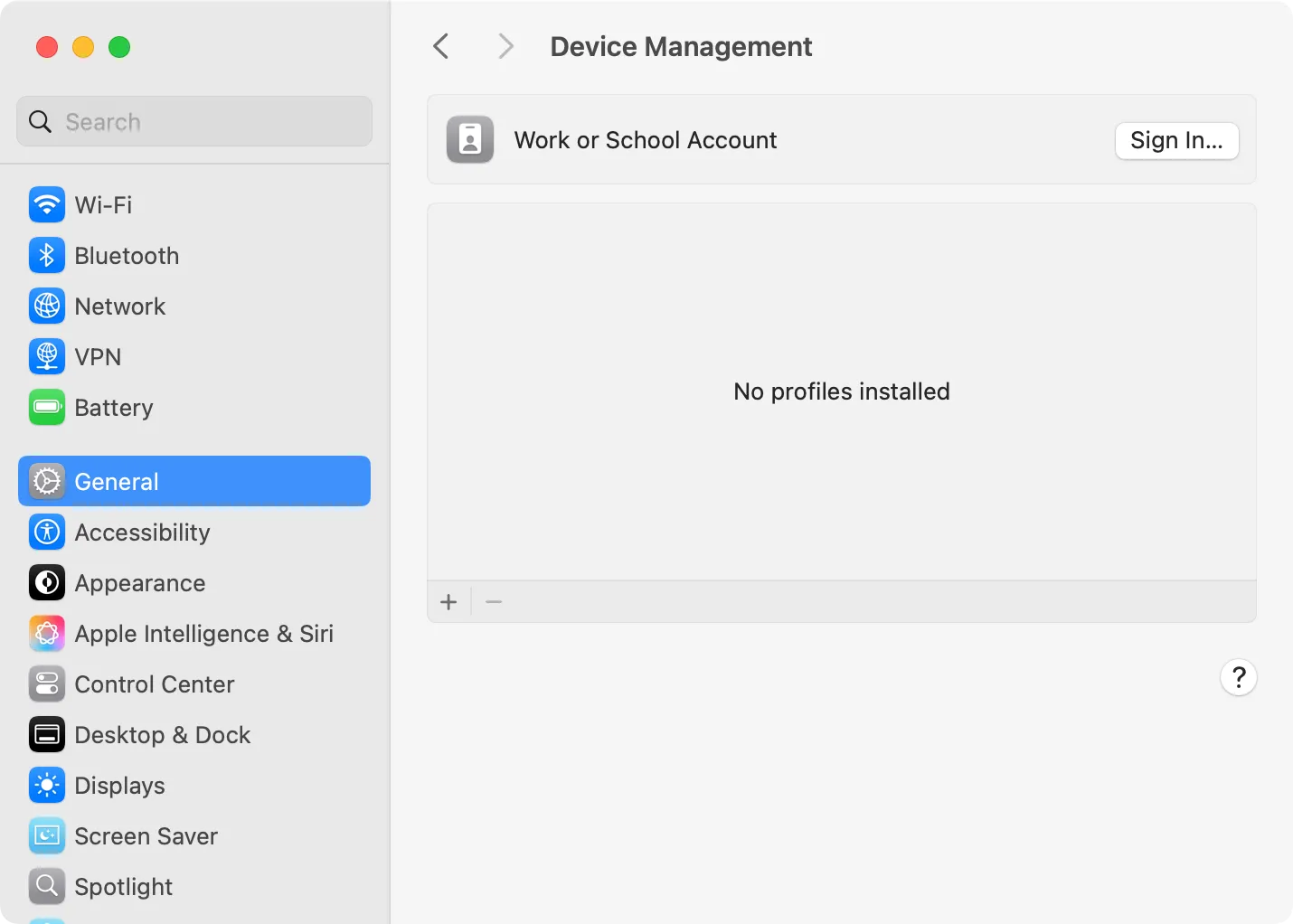 Màn hình Quản lý Thiết bị (Device Management) trong cài đặt macOS, cho thấy không có hồ sơ MDM nào được cài đặt, biểu thị máy sạch.