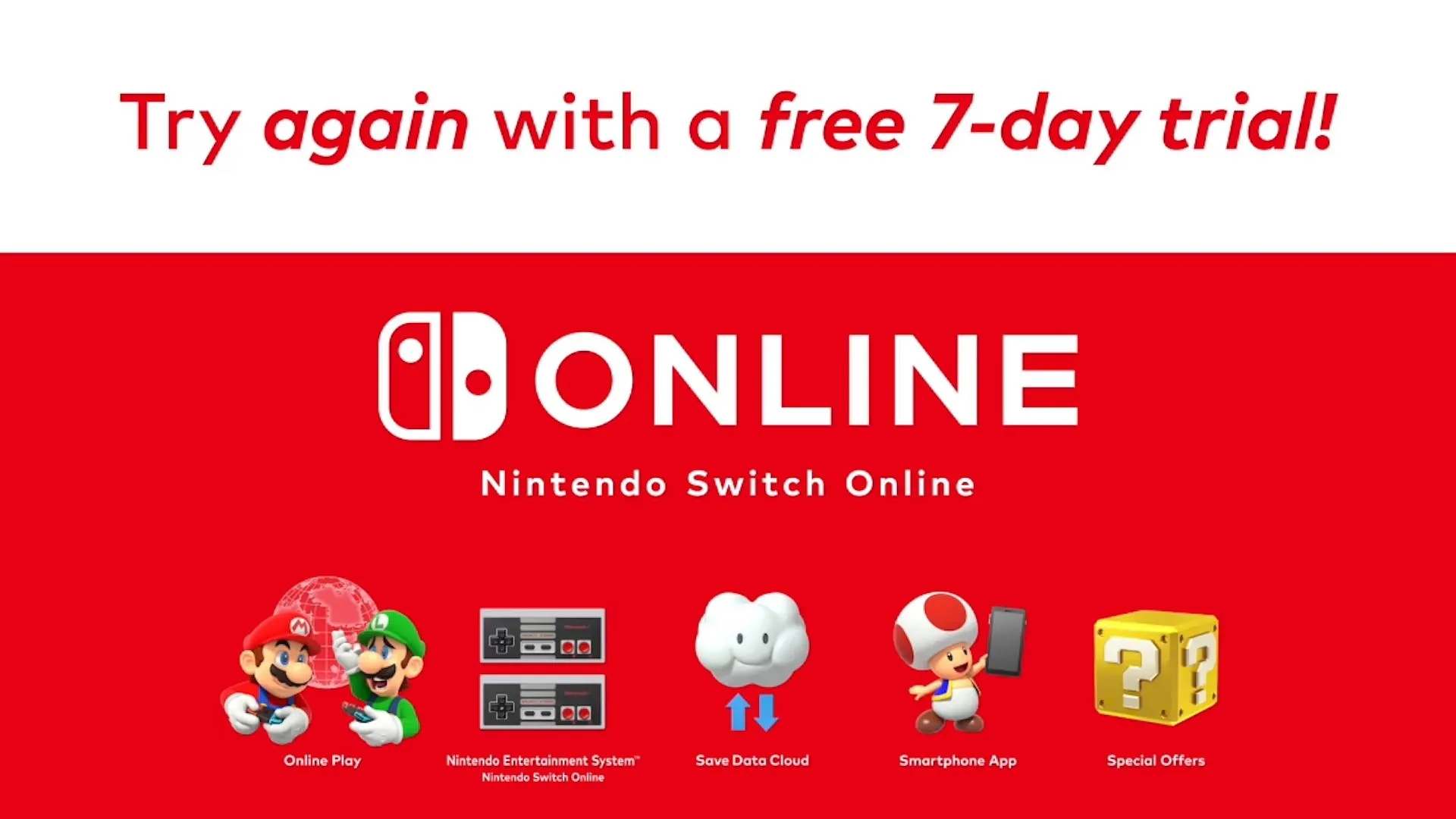 Màn hình quảng cáo dùng thử miễn phí 7 ngày dịch vụ Nintendo Switch Online, hướng dẫn người dùng trải nghiệm các tính năng trước khi đăng ký