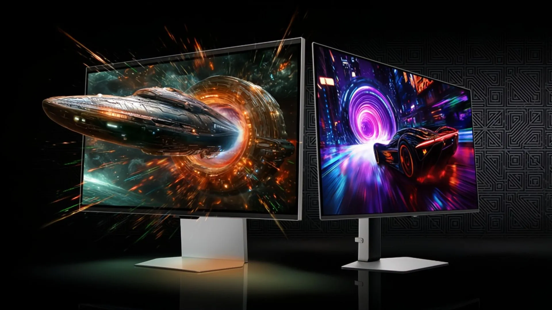 Màn hình Samsung Odyssey OLED G8 và Odyssey 3D G9 hiển thị trò chơi ôtô và tàu vũ trụ