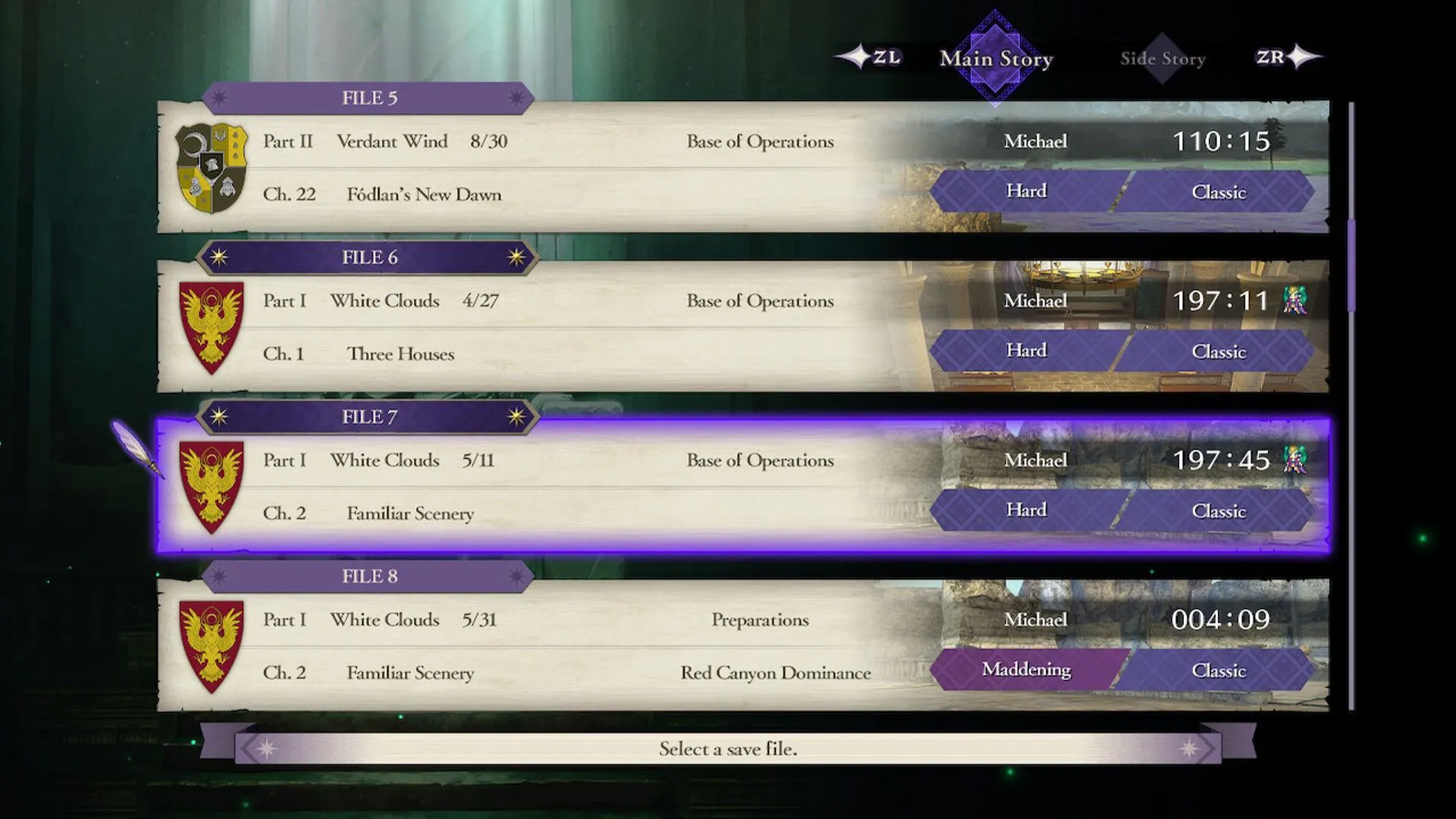 Màn hình save game của Fire Emblem: Three Houses hiển thị nhiều file lưu với tổng thời gian chơi đáng kể