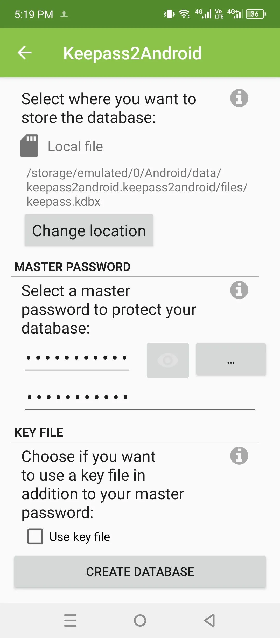 Màn hình tạo cơ sở dữ liệu mới trong ứng dụng KeePass2Android, hiển thị lựa chọn vị trí lưu trữ và thiết lập mật khẩu chính