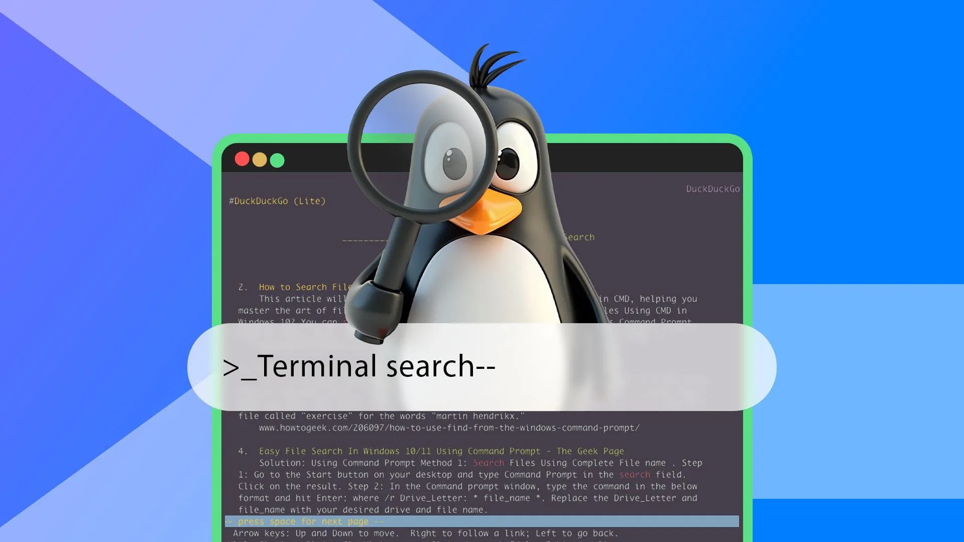 Màn hình terminal Linux với một thanh tìm kiếm ở giữa, và linh vật Tux cầm kính lúp, tượng trưng cho quá trình tìm tòi và khám phá.