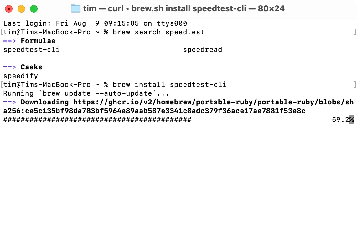 Màn hình Terminal trên macOS hiển thị quá trình cài đặt một tiện ích dòng lệnh bằng Homebrew, công cụ quản lý gói phổ biến.