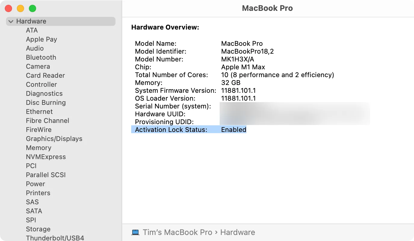 Màn hình thông tin hệ thống của MacBook Pro hiển thị trạng thái Activation Lock là &quot;Disabled&quot;, cho thấy máy không bị khóa kích hoạt.