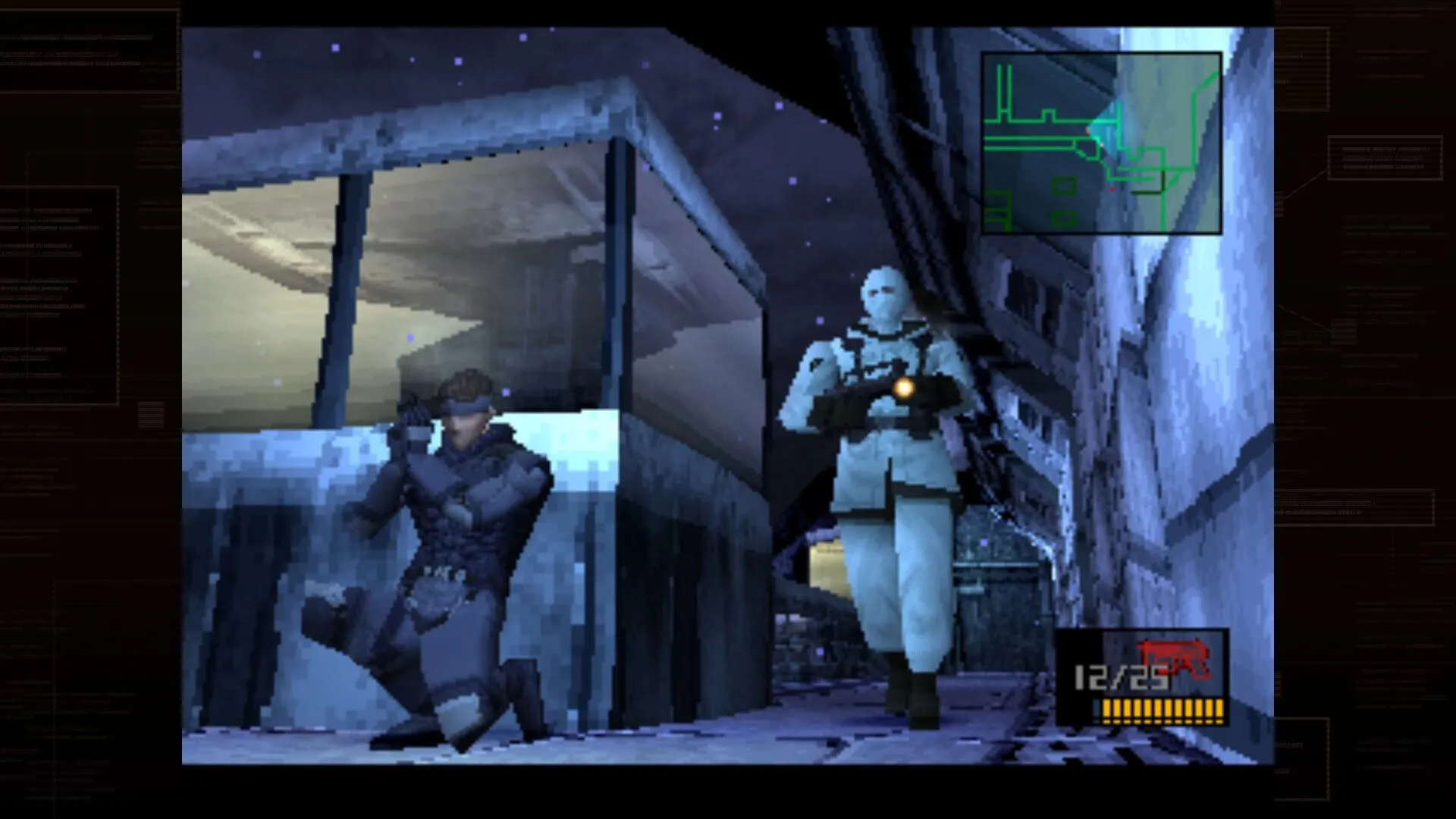 Màn hình trò chơi Metal Gear Solid phiên bản gốc, thể hiện đồ họa low-poly đặc trưng của kỷ nguyên PlayStation 1, nhưng vẫn giữ được nét quyến rũ.