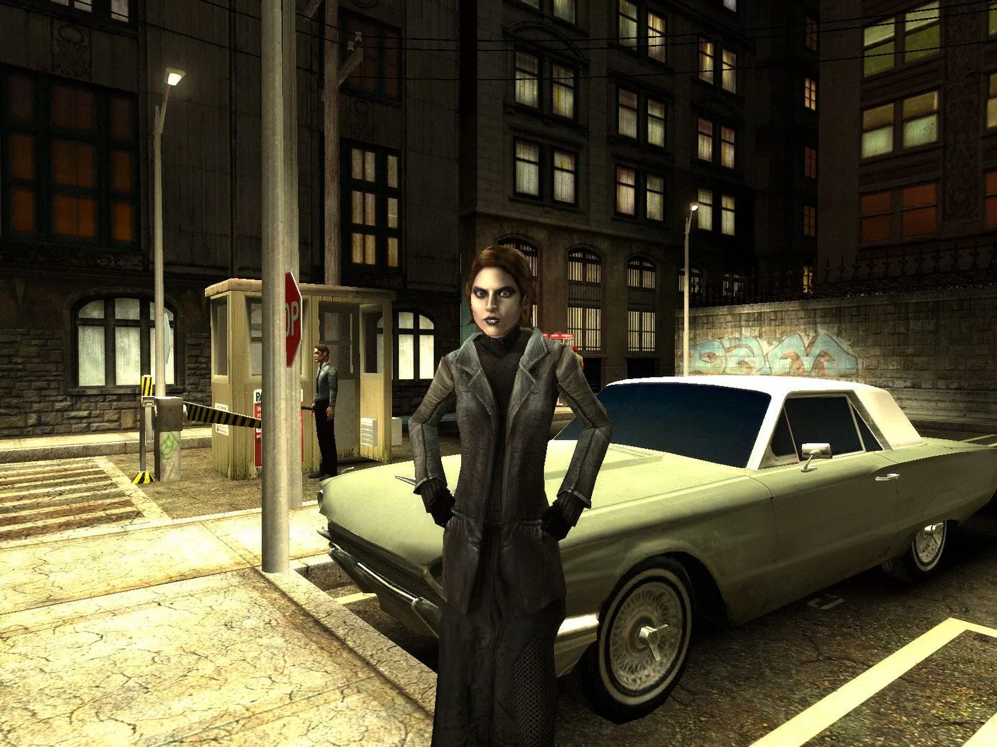 Màn hình trò chơi Vampire: The Masquerade – Bloodlines gốc, với không gian tối tăm và phong cách nghệ thuật đặc trưng của game nhập vai ma cà rồng.