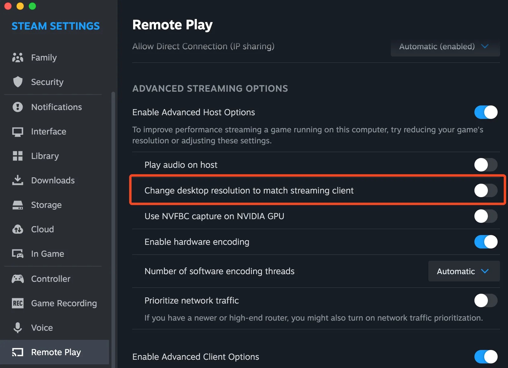 Màn hình tùy chọn Remote Play nâng cao trong Steam, có tùy chọn thay đổi độ phân giải desktop.