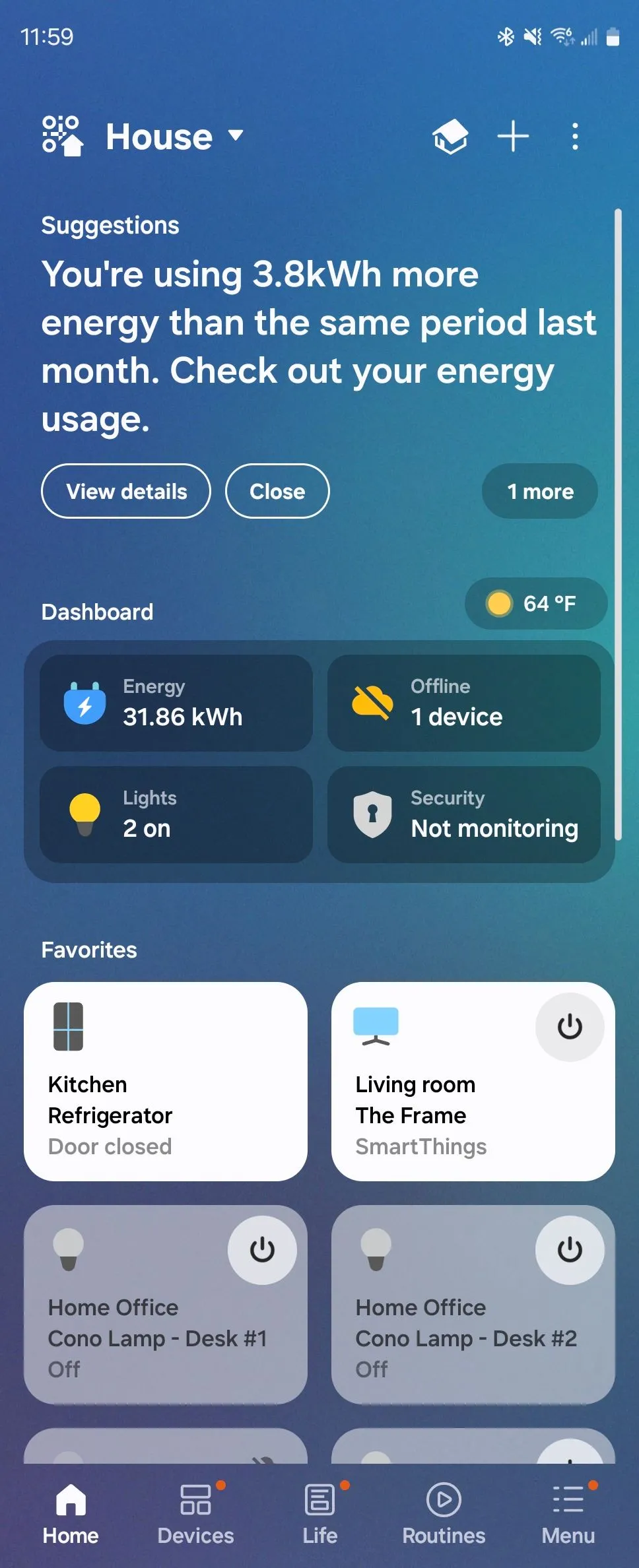 Màn hình ứng dụng Samsung SmartThings trên Android hiển thị thông tin và phân tích năng lượng