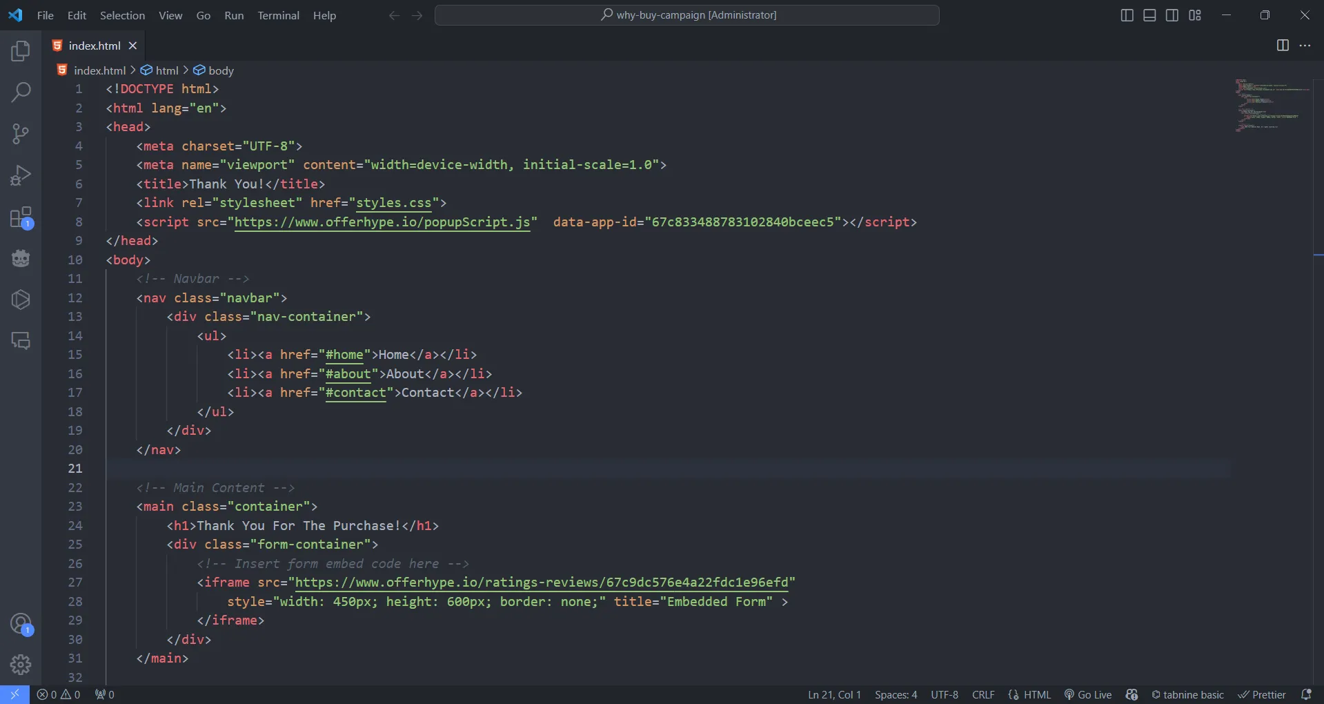 Màn hình ứng dụng Visual Studio Code trên macOS, hiển thị đoạn mã HTML với tính năng tô sáng cú pháp, phục vụ việc phát triển web và lập trình.