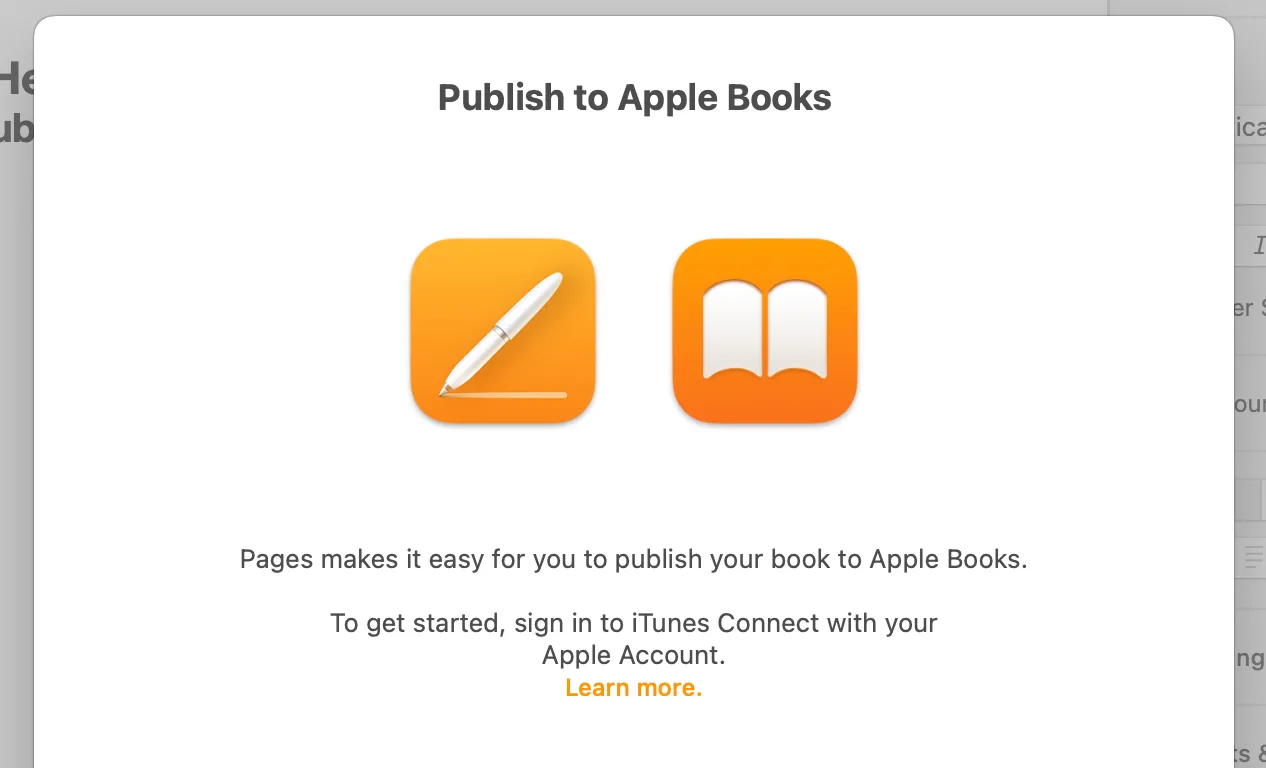 Màn hình xuất bản trực tiếp lên Apple Books từ ứng dụng Pages trên máy Mac.