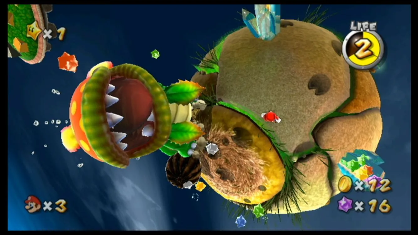 Mario đang lướt qua các thiên hà với hiệu ứng trọng lực độc đáo trong game Super Mario Galaxy trên console Nintendo Wii.