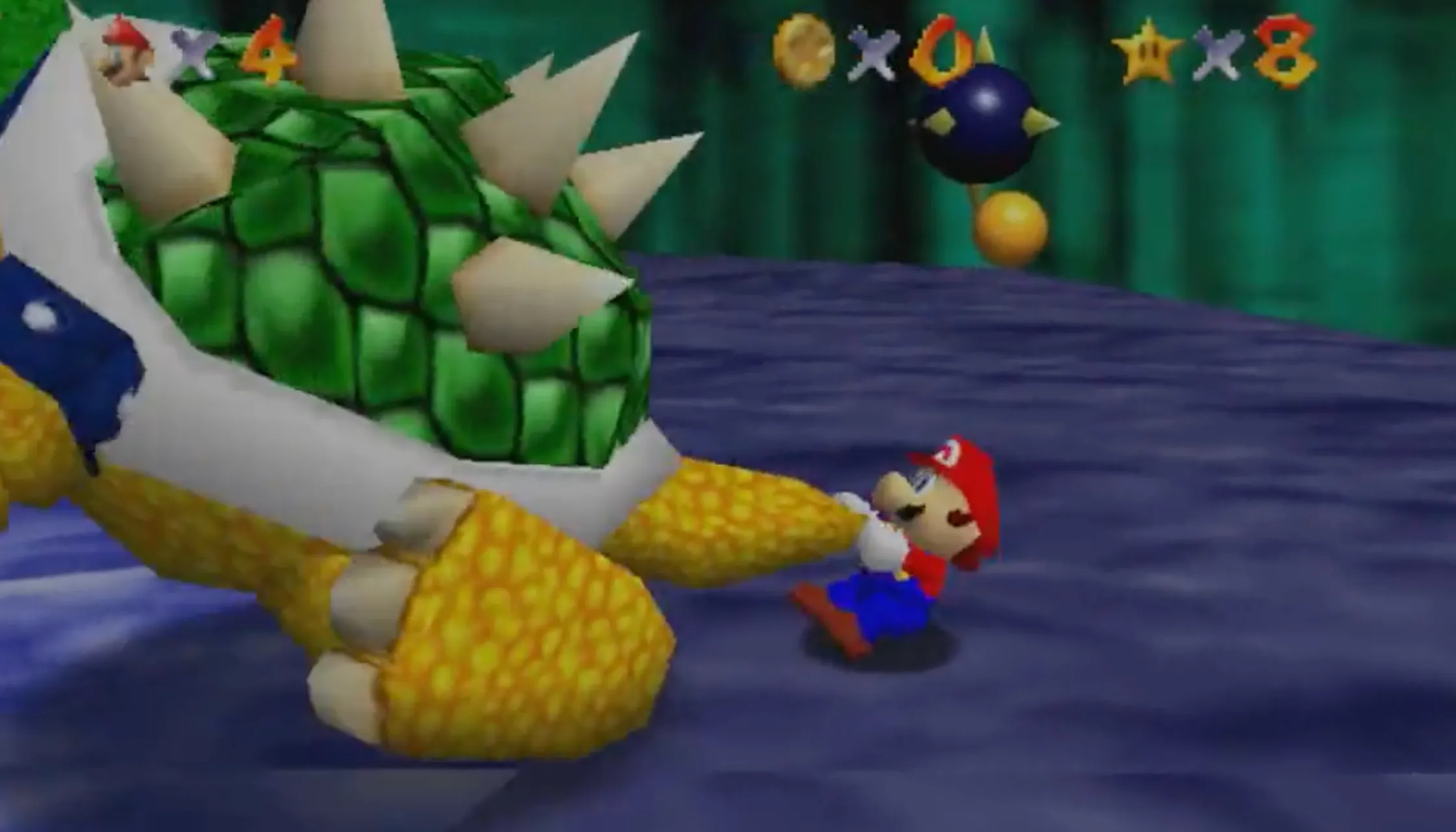 Mario nắm đuôi Bowser và xoay tròn hắn trong một trận đấu boss kinh điển của Super Mario 64 trên máy Nintendo 64.
